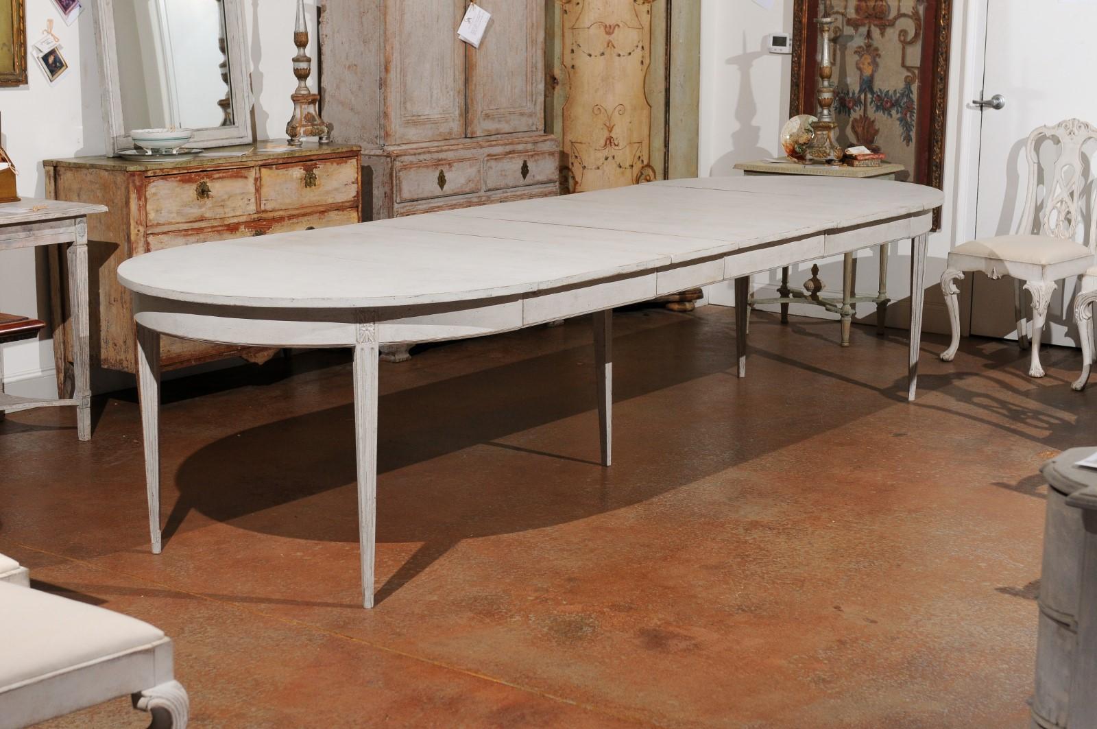 Carved Swedish Gustavian Style 19th Century Extension Dining Table with Four Leaves