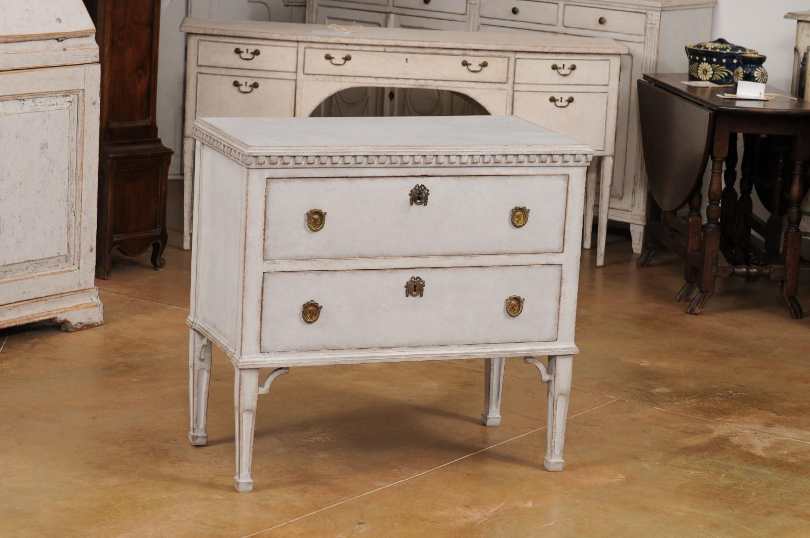 Carved Swedish Gustavian Style 19th Century Light Gray Painted Two Drawer Chest For Sale