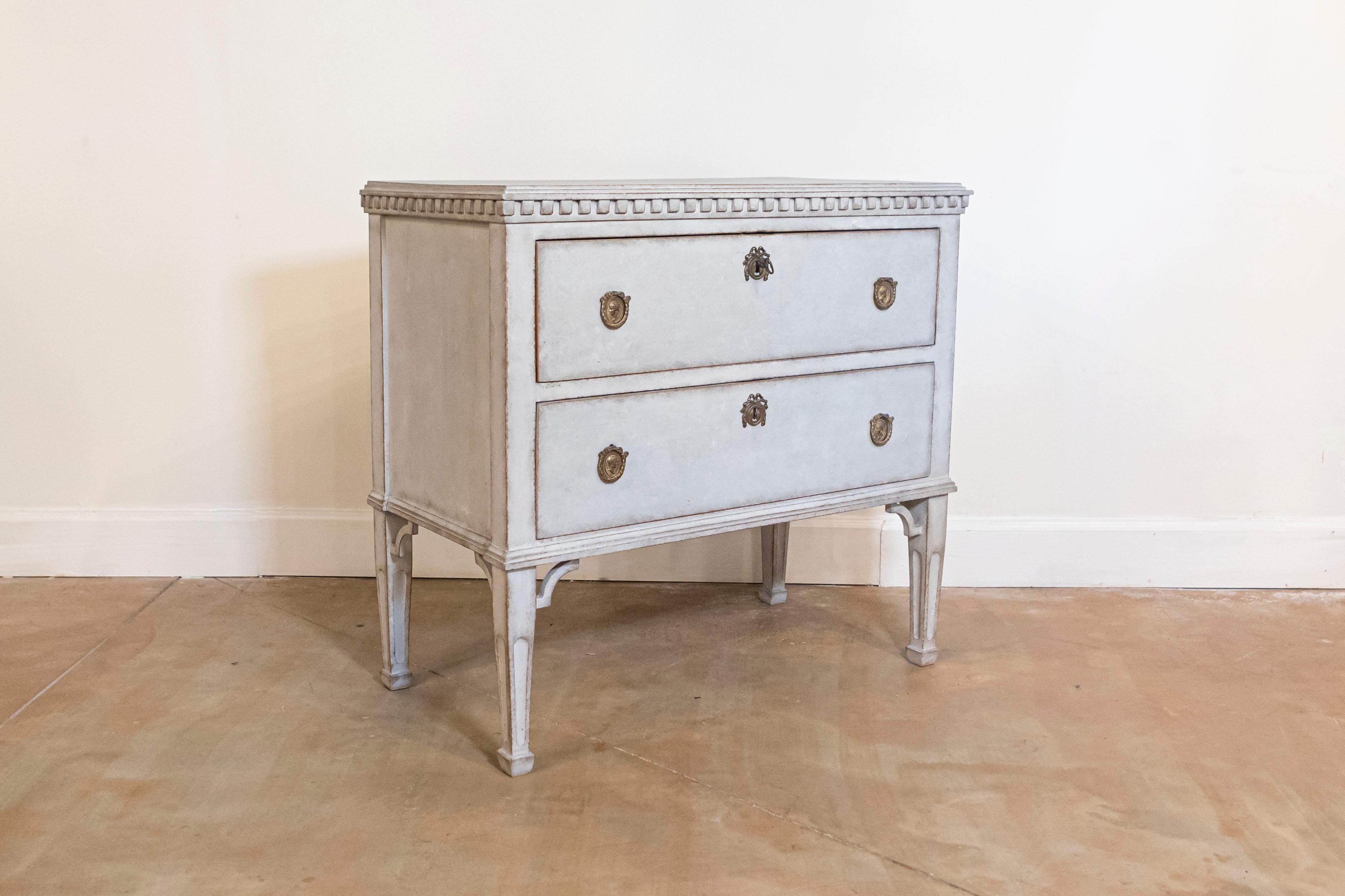Carved Swedish Gustavian Style 19th Century Light Gray Painted Two Drawer Chest For Sale