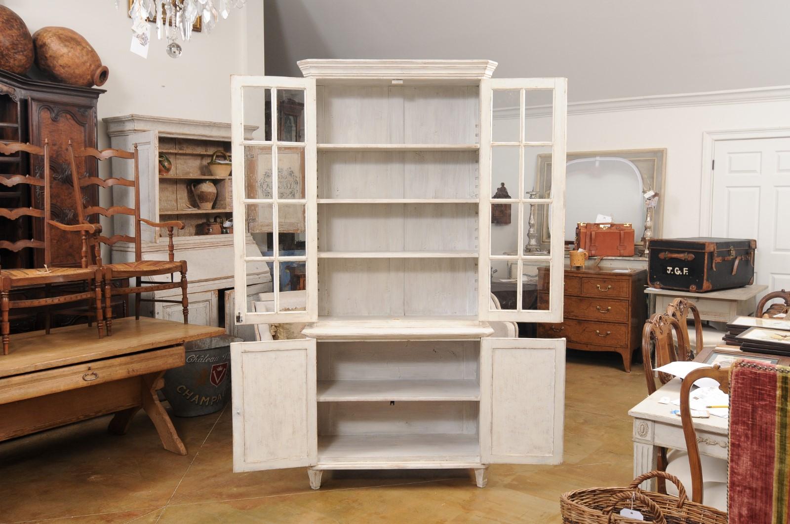 Swedish Gustavian Style 19th Century Light Painted Two-part Vitrine Cabinet In Good Condition For Sale In Atlanta, GA