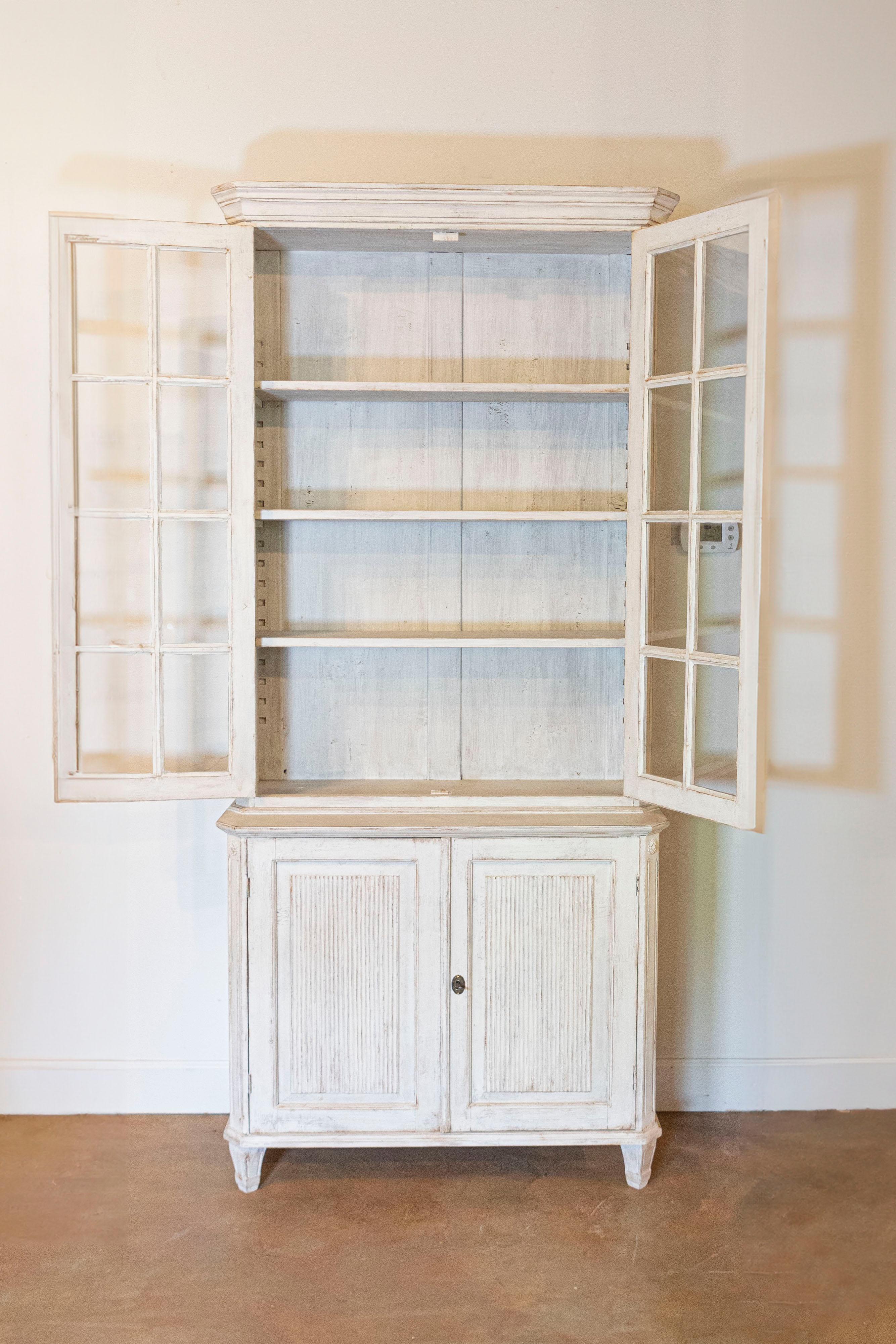 Carved Swedish Gustavian Style 19th Century Light Painted Two-part Vitrine Cabinet