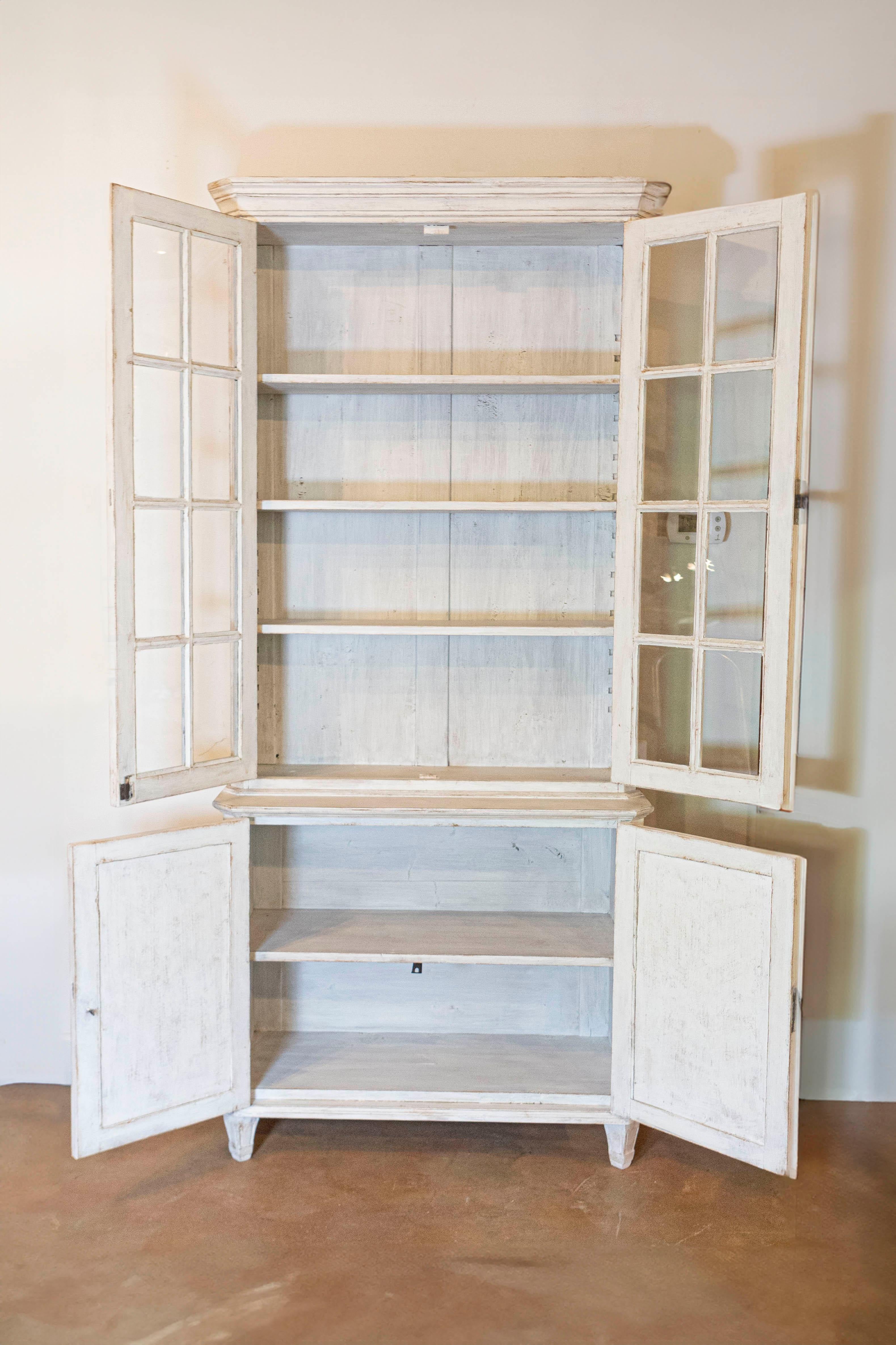 Swedish Gustavian Style 19th Century Light Painted Two-part Vitrine Cabinet In Good Condition For Sale In Atlanta, GA