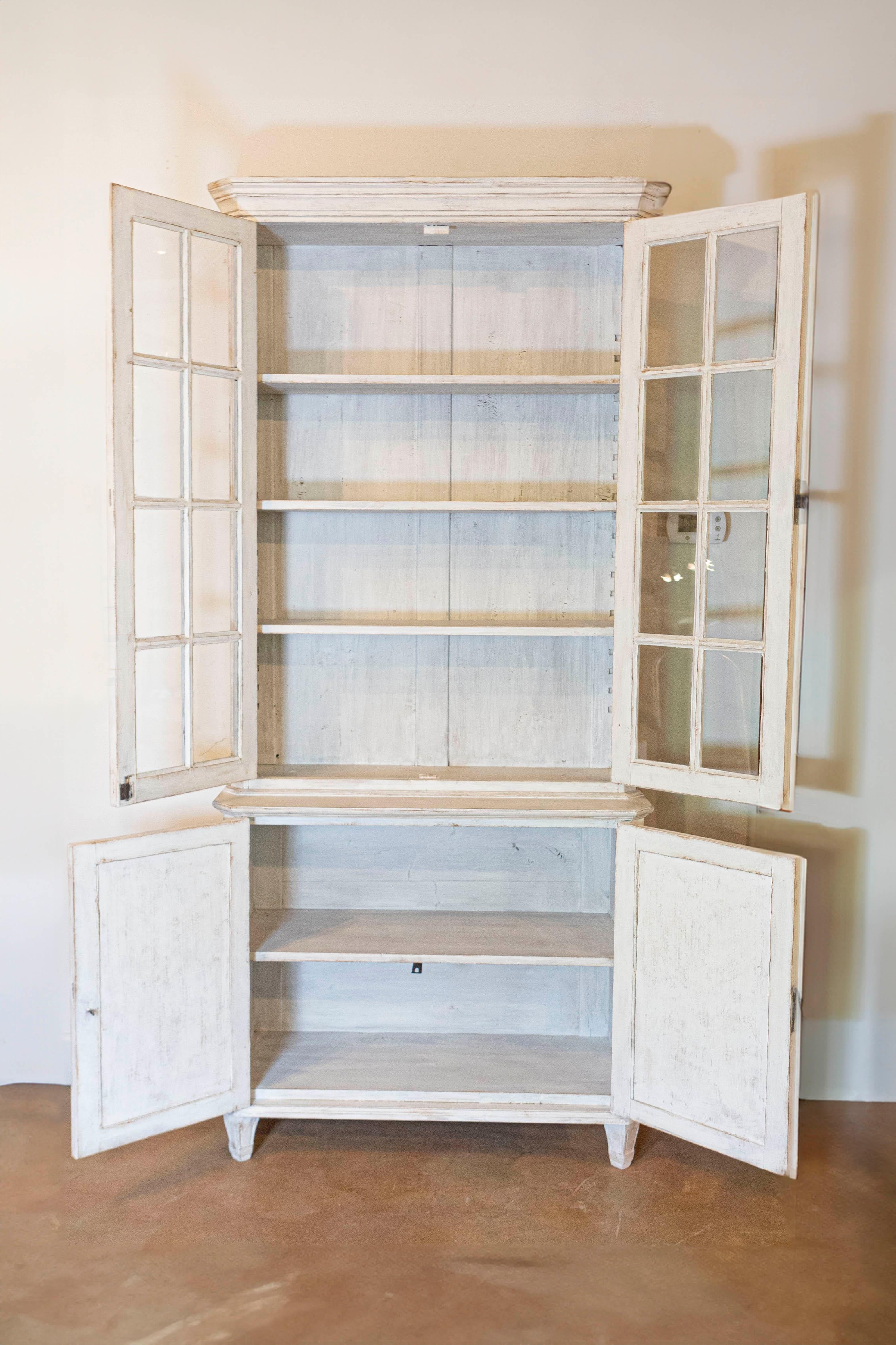 Swedish Gustavian Style 19th Century Light Painted Two-part Vitrine Cabinet In Good Condition In Atlanta, GA