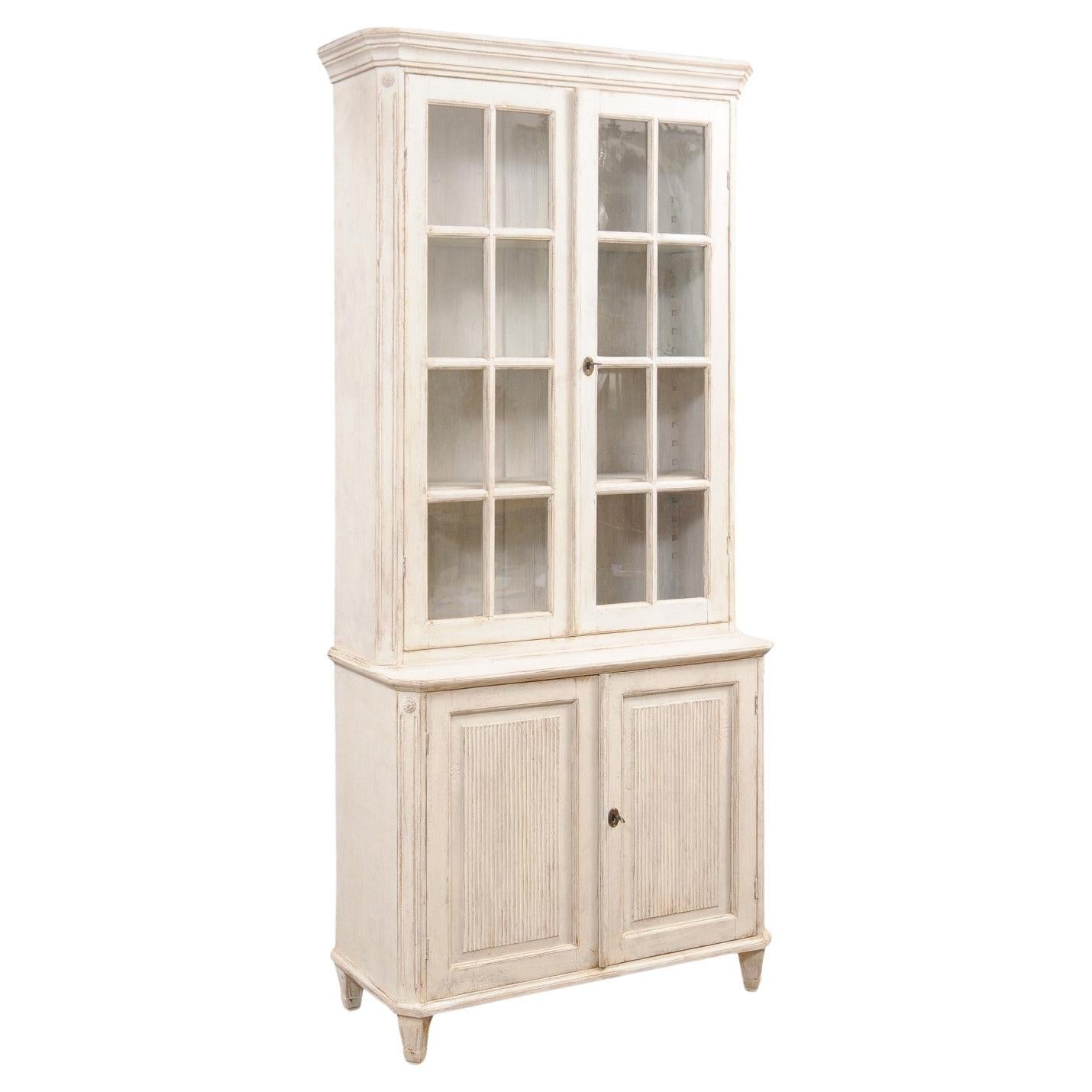 Swedish Gustavian Style 19th Century Light Painted Two-part Vitrine Cabinet For Sale