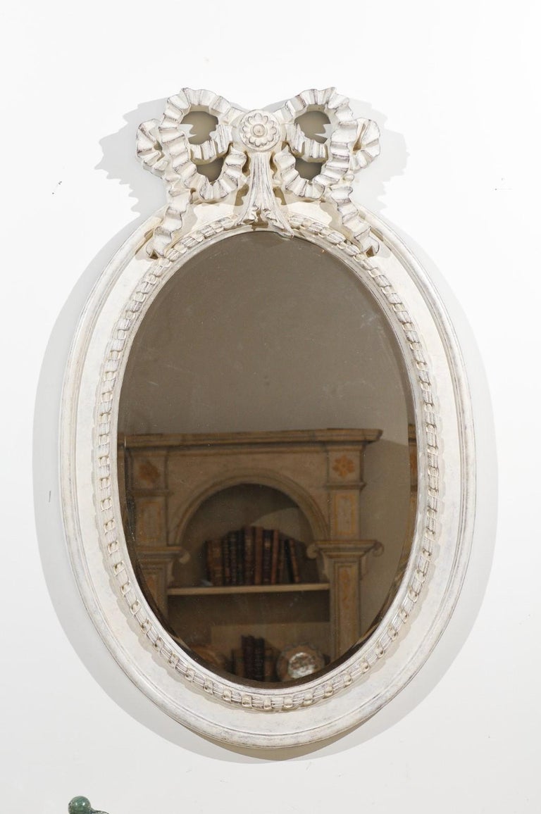 Swedish Gustavian Style 19th Century Oval Painted Mirror with Carved Ribbon at 1stDibs