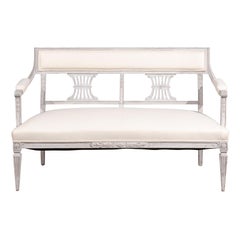 Antique Swedish Gustavian Style 19th Century Painted Bench with Carved Foliage Motifs