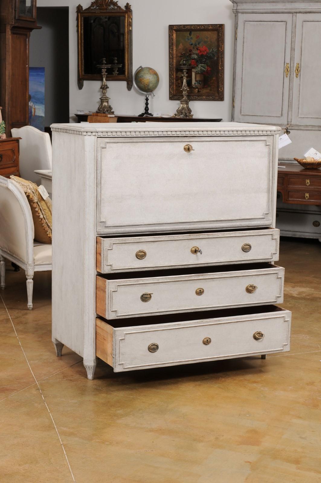 Carved Swedish Gustavian Style 19th Century Painted Drop-Front Secretary with Drawers