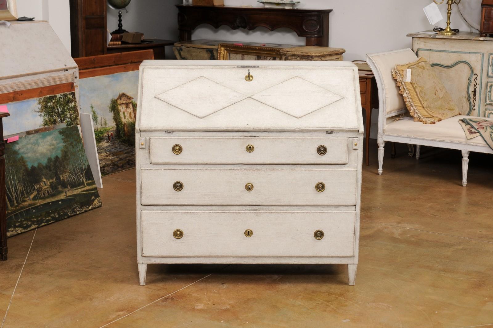 Swedish Gustavian Style 19th Century Painted Slant Front Desk with Three Drawers For Sale 9