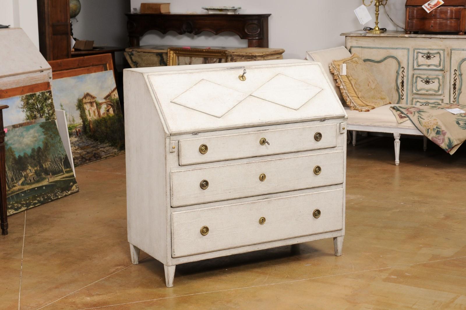 Carved Swedish Gustavian Style 19th Century Painted Slant Front Desk with Three Drawers For Sale
