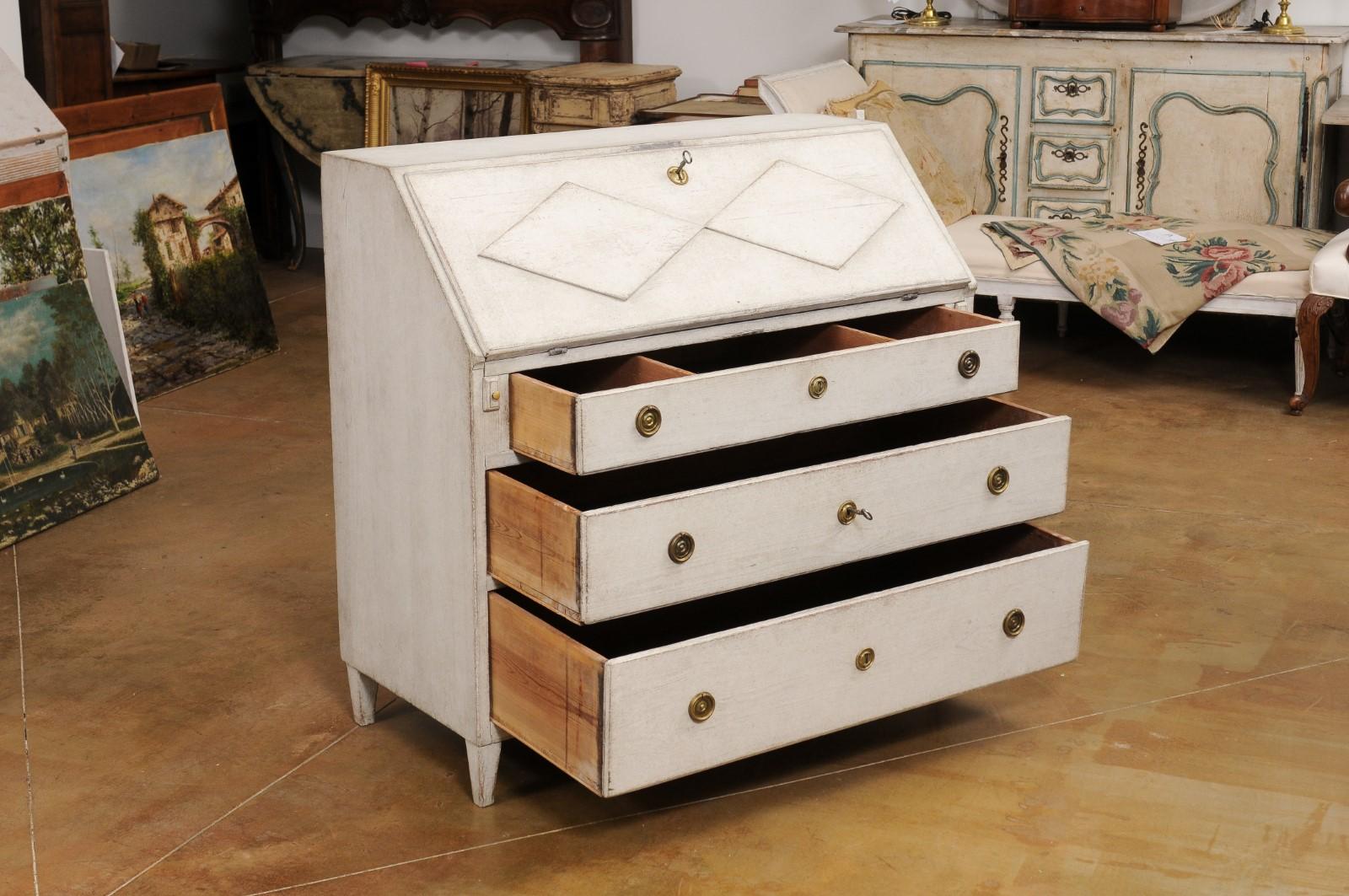 Swedish Gustavian Style 19th Century Painted Slant Front Desk with Three Drawers For Sale 1