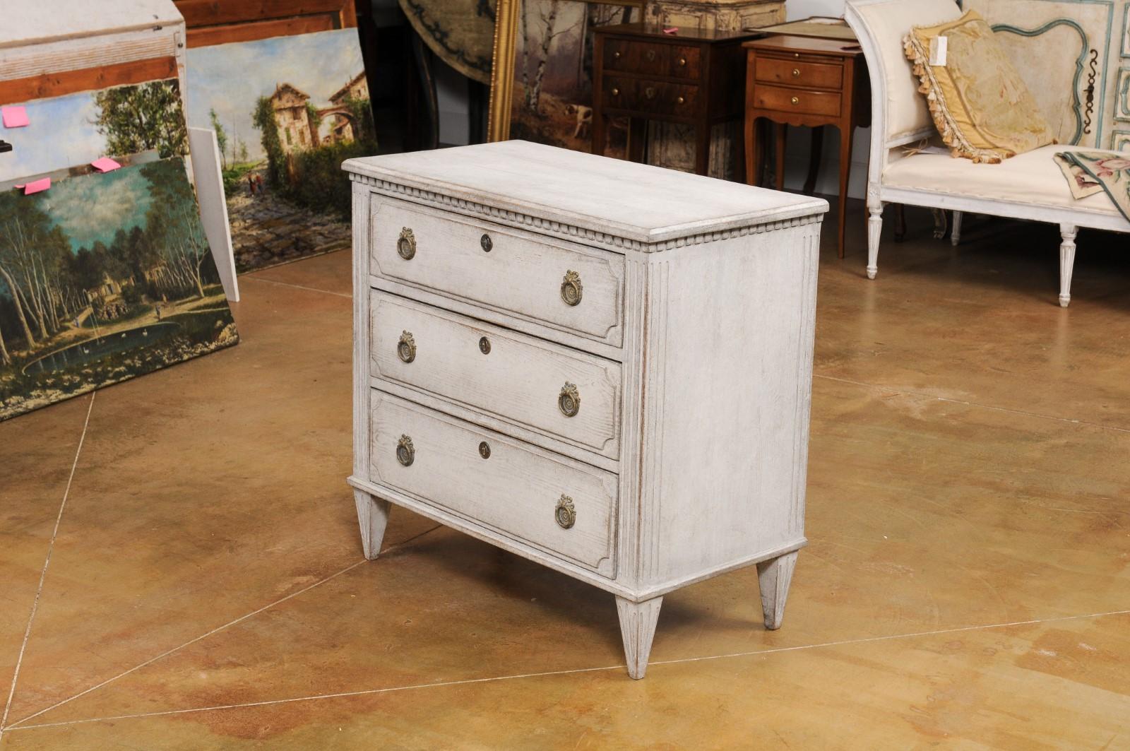 Swedish Gustavian Style 19th Century Painted Wood Three Drawer Carved Chest 8