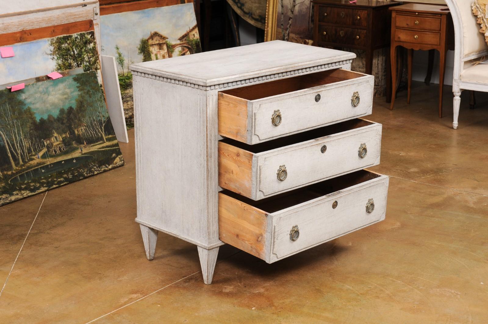 Swedish Gustavian Style 19th Century Painted Wood Three Drawer Carved Chest 1