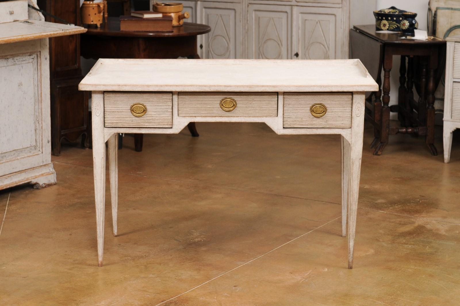 Carved Swedish Gustavian Style 19th Century Writing Desk with Three Reeded Drawers