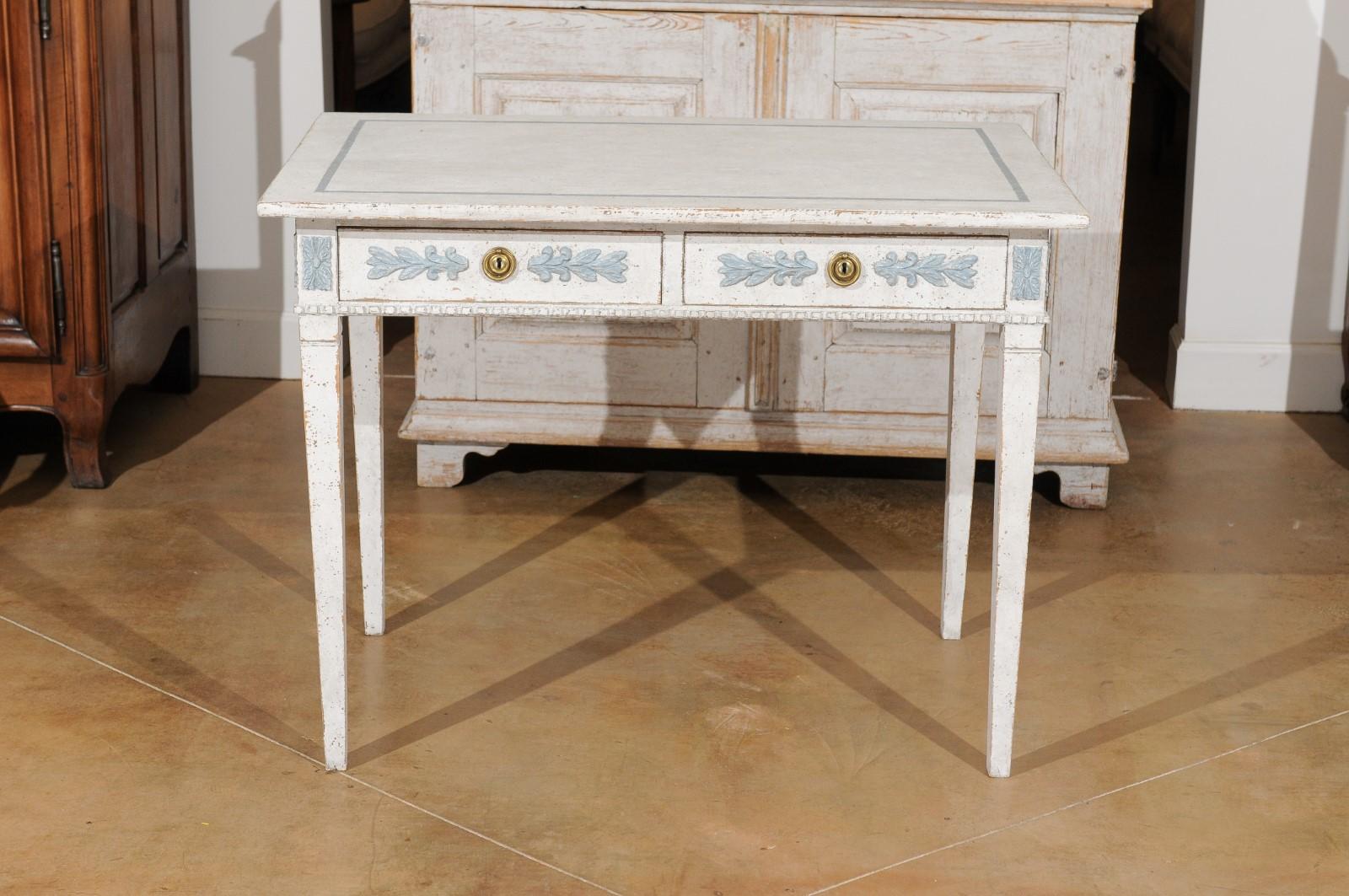 Swedish Gustavian Style 20th Century Painted Desk with Drawers and Foliage Decor 7