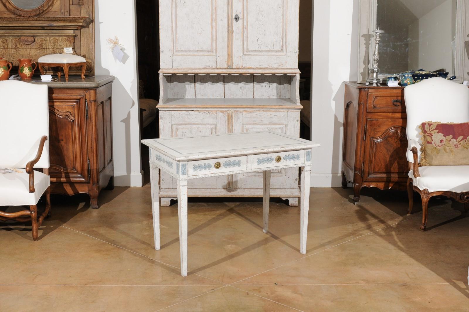 Swedish Gustavian Style 20th Century Painted Desk with Drawers and Foliage Decor In Good Condition In Atlanta, GA
