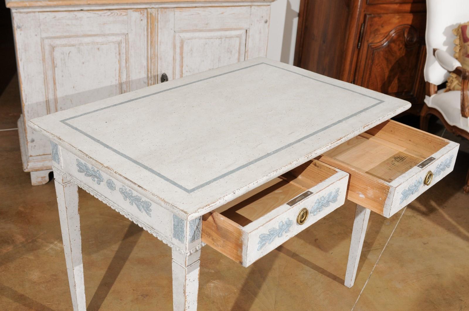 Swedish Gustavian Style 20th Century Painted Desk with Drawers and Foliage Decor 1
