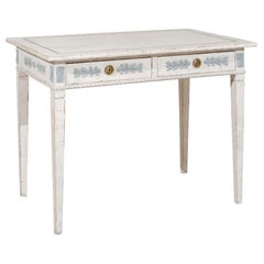 Swedish Gustavian Style 20th Century Painted Desk with Drawers and Foliage Decor