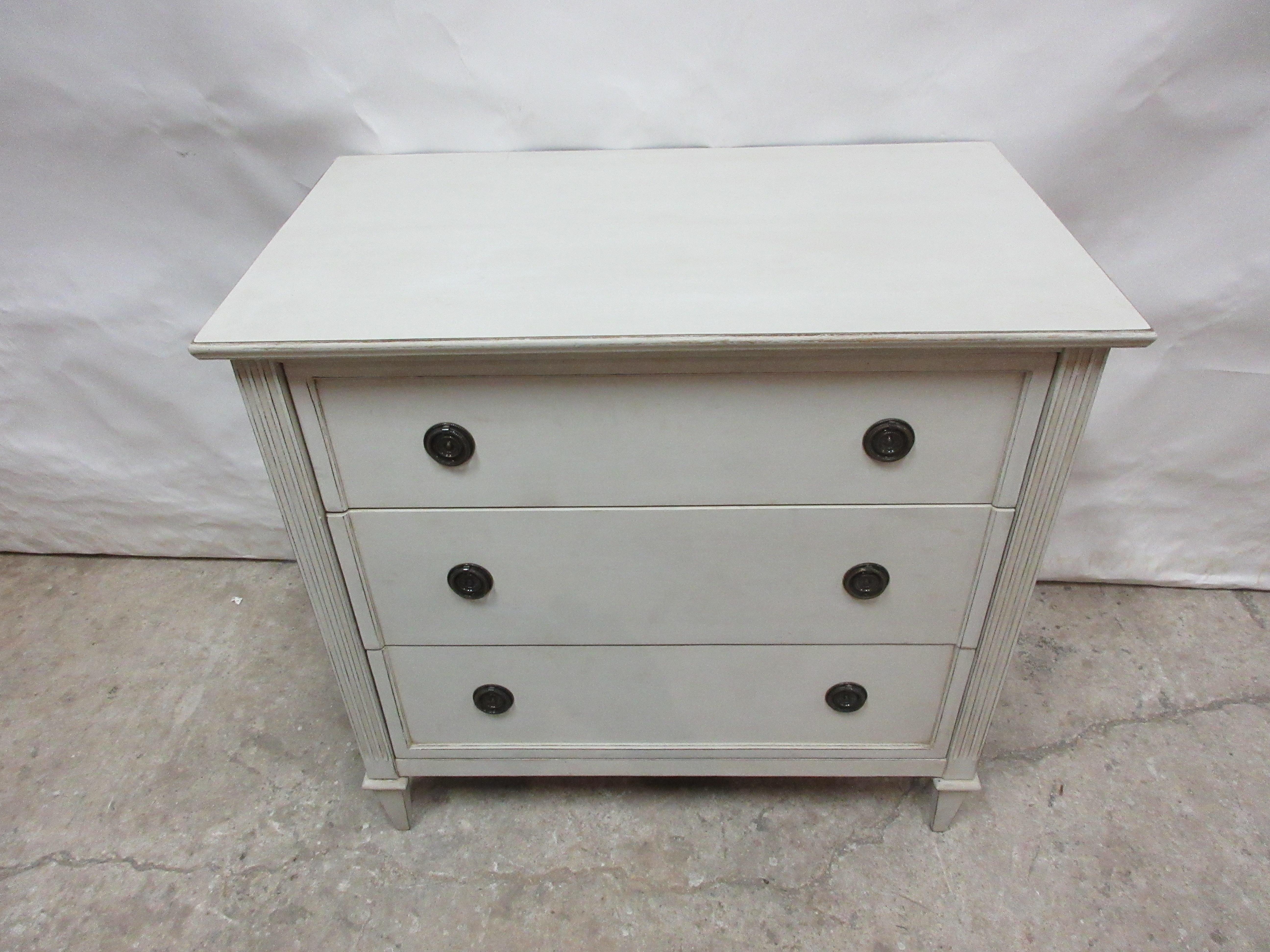 this is a unique Swedish Gustavian style 3 drawer chest. its been restored and repainted with Milk Paints 