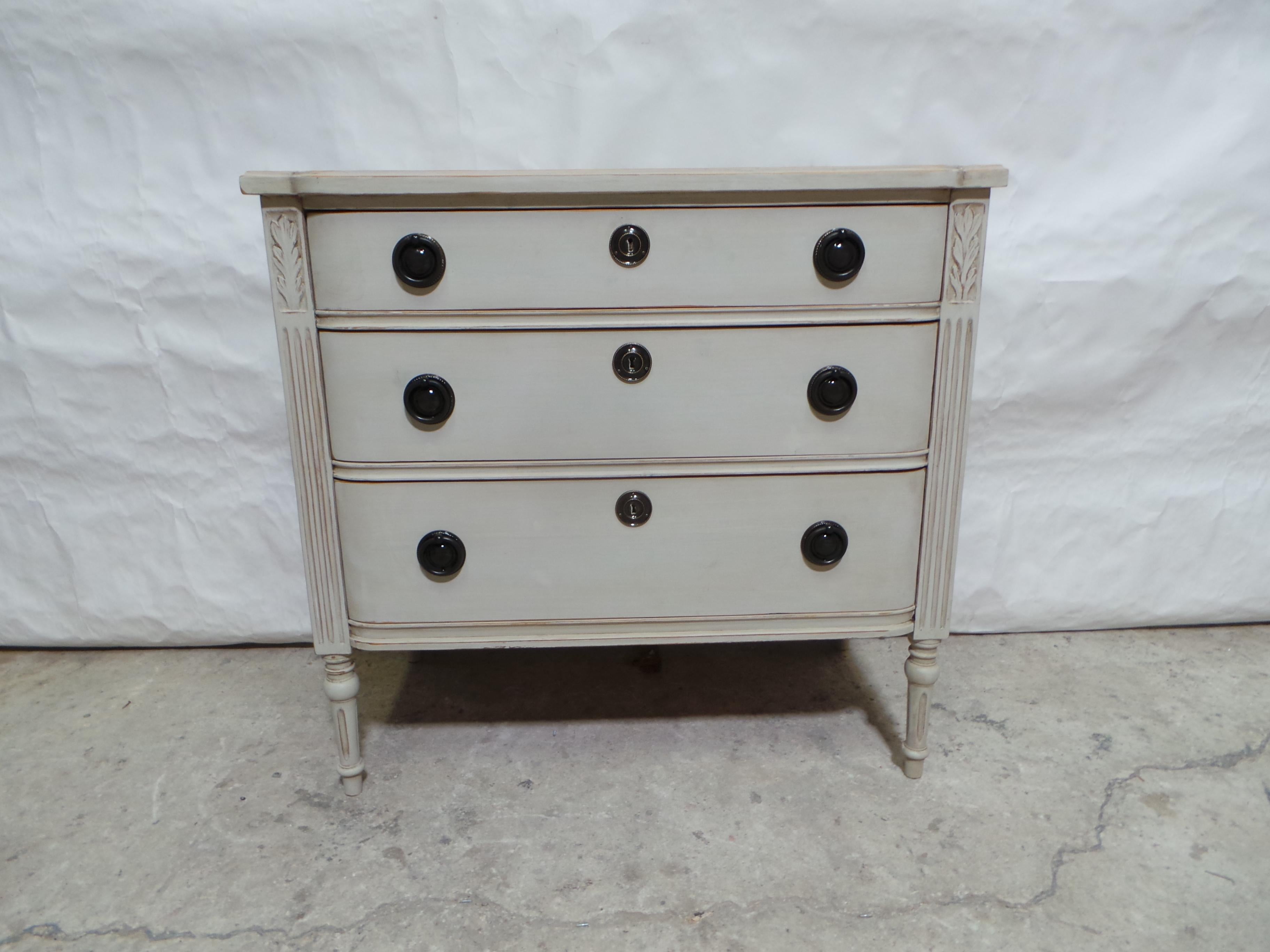 This  is  a unique Swedish Gustavian Style 3 Drawer Chest Of Drawers. its been restored and repainted with Milk Paints 
