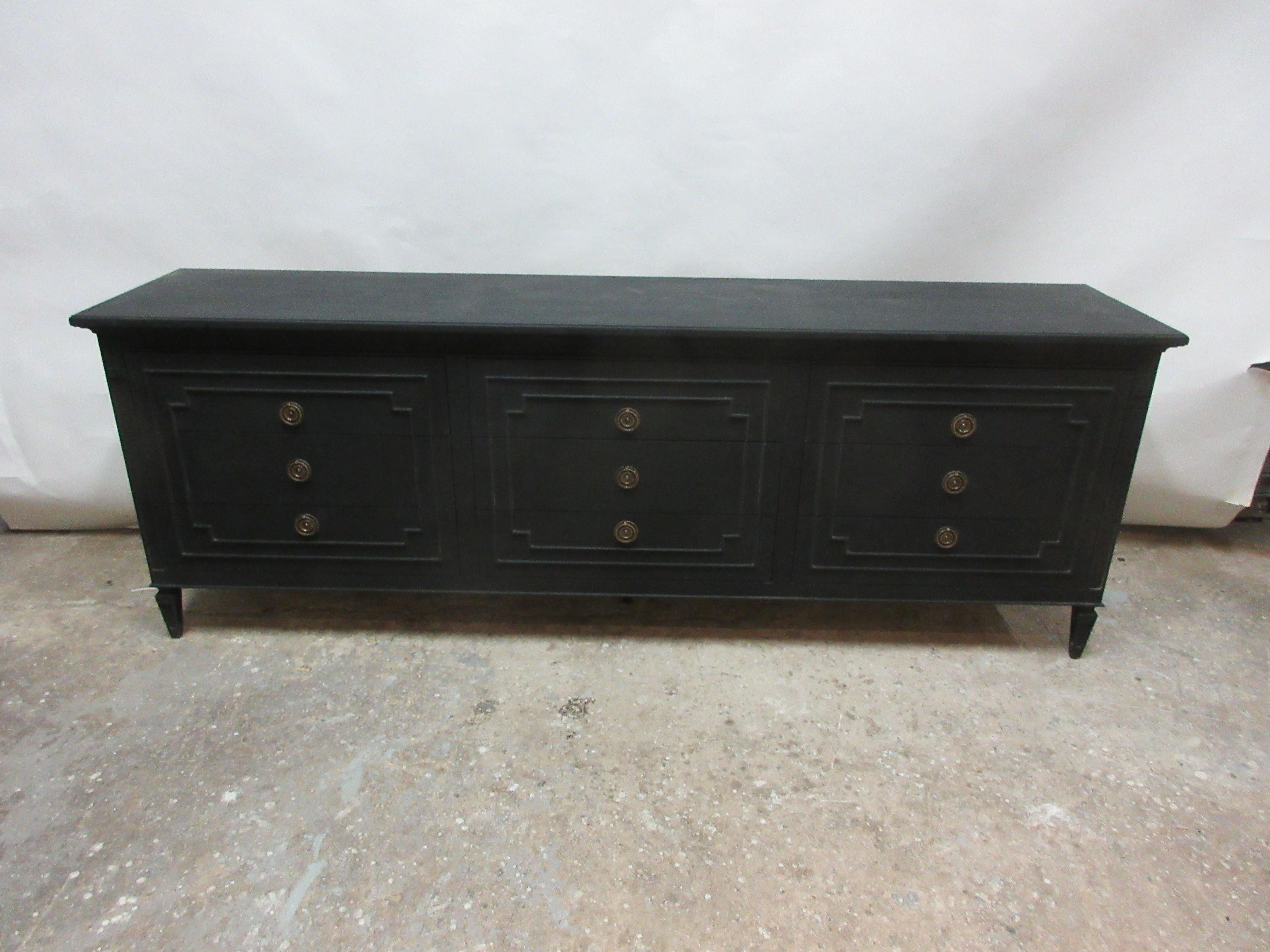This is a Swedish Gustavian style 9-drawer dresser. It’s been restored and repainted with milk paints 