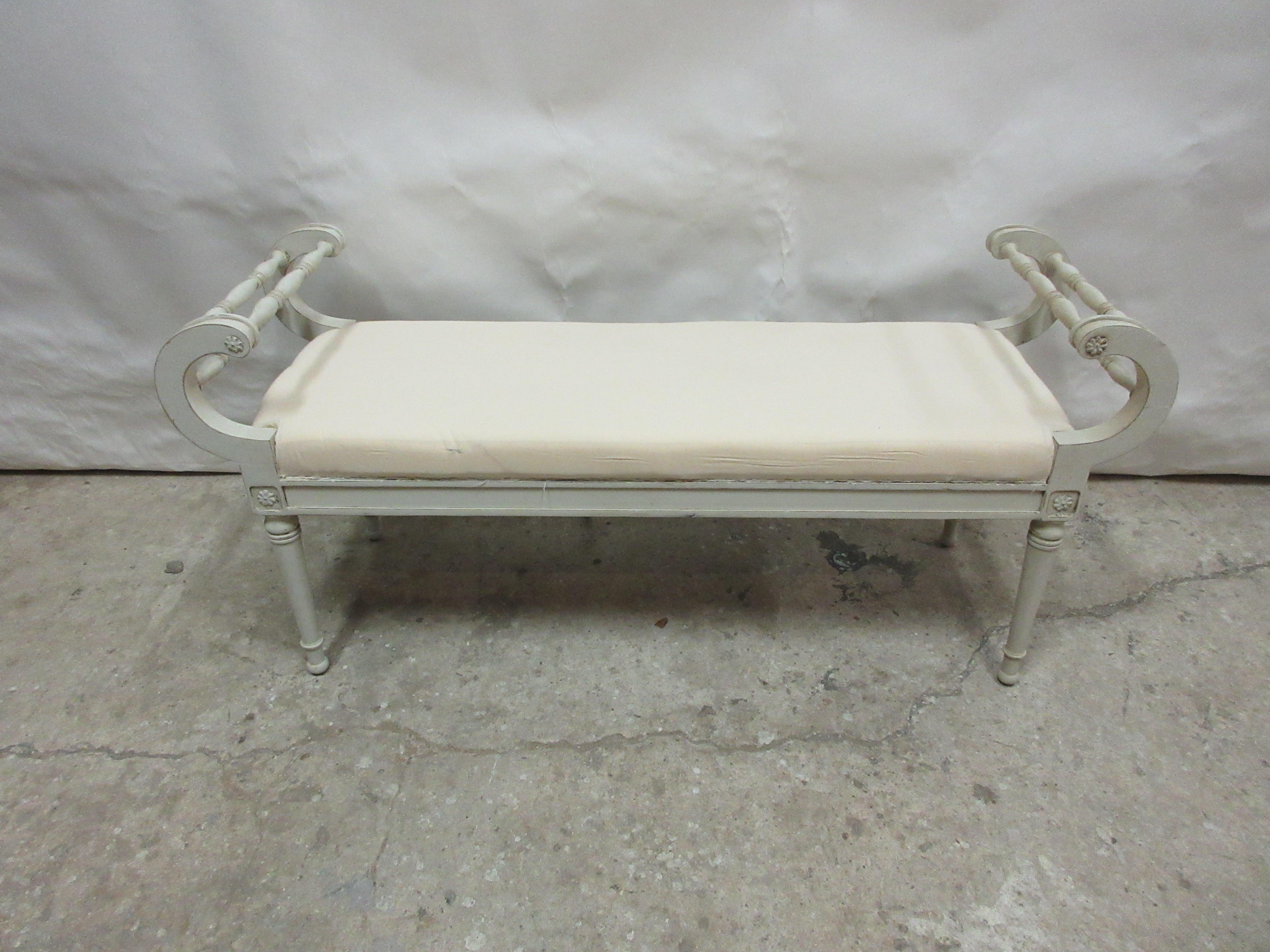 This is a unique Swedish Gustavian Style bench. it has been restored and repainted with Milk Paints 