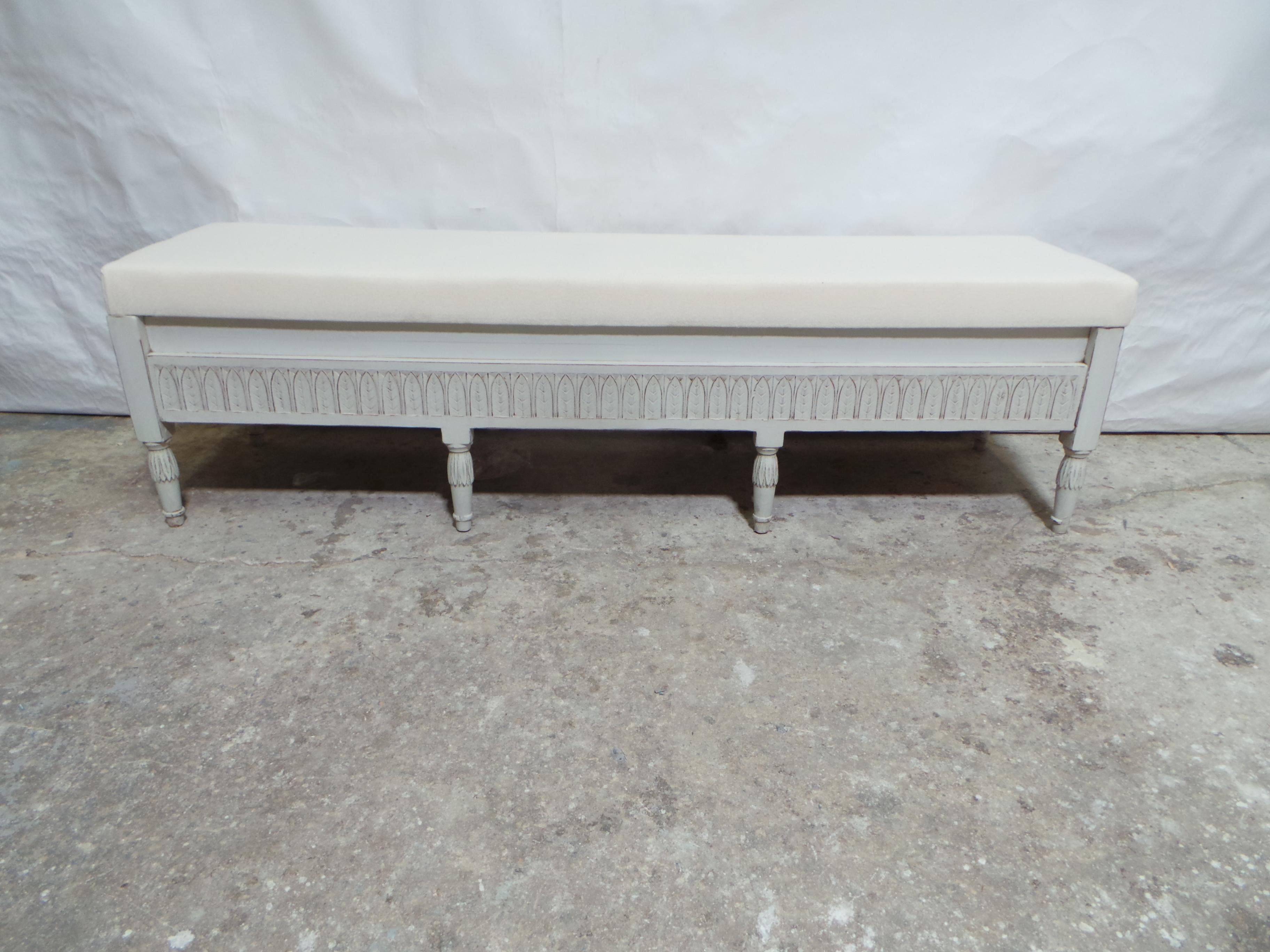This is a unique Swedish Gustavian Style Bench. it was just restored and repainted with Milk Paints 
