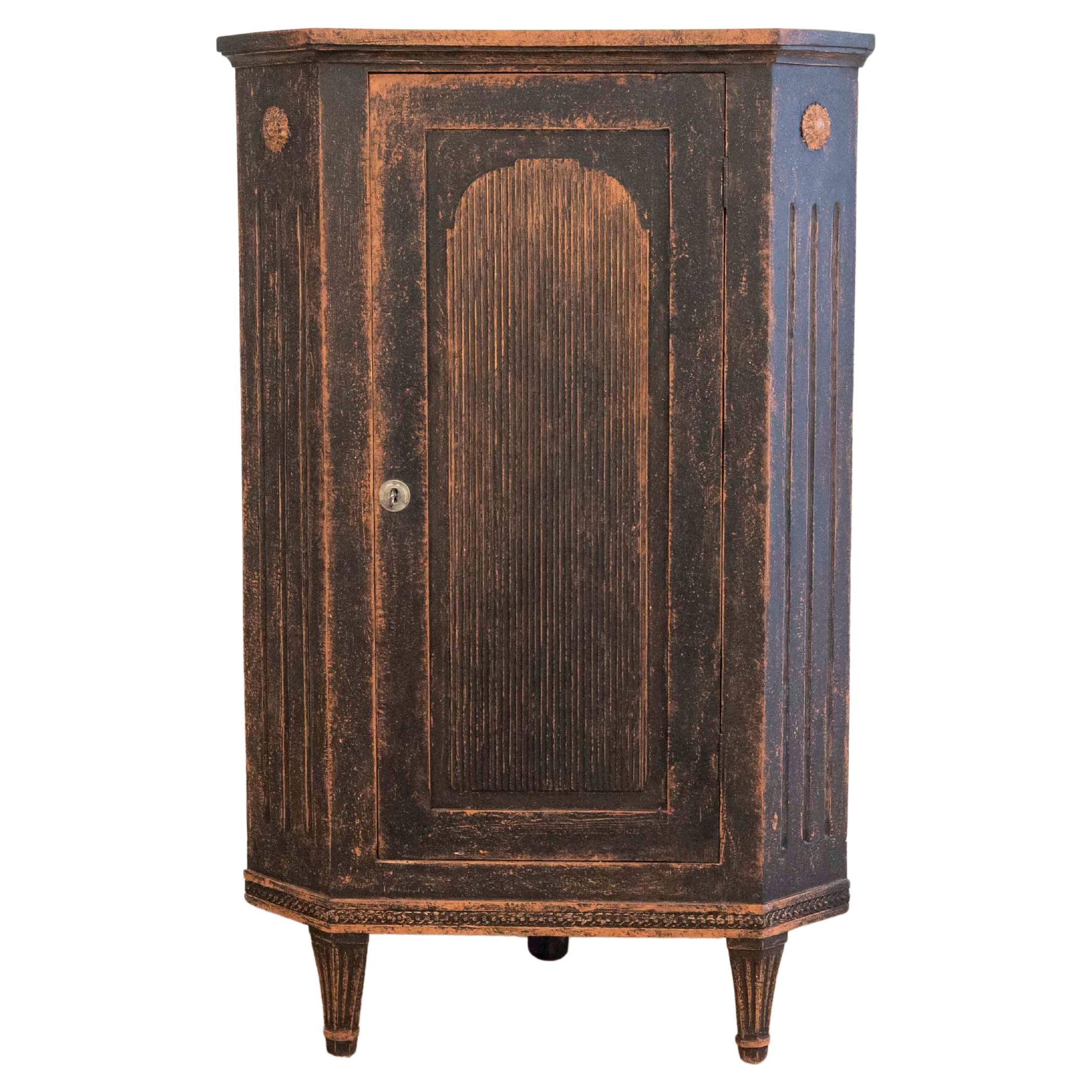 Swedish Gustavian-Style Black Corner Cabinet with Celadon Interior, Circa 1840 For Sale