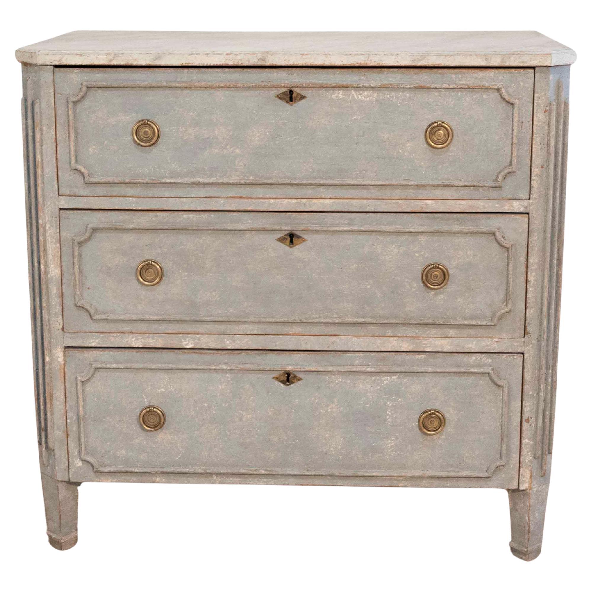 Swedish Gustavian-Style Blue Chest of Drawers with Faux Marble Top, Circa 1890–1 For Sale