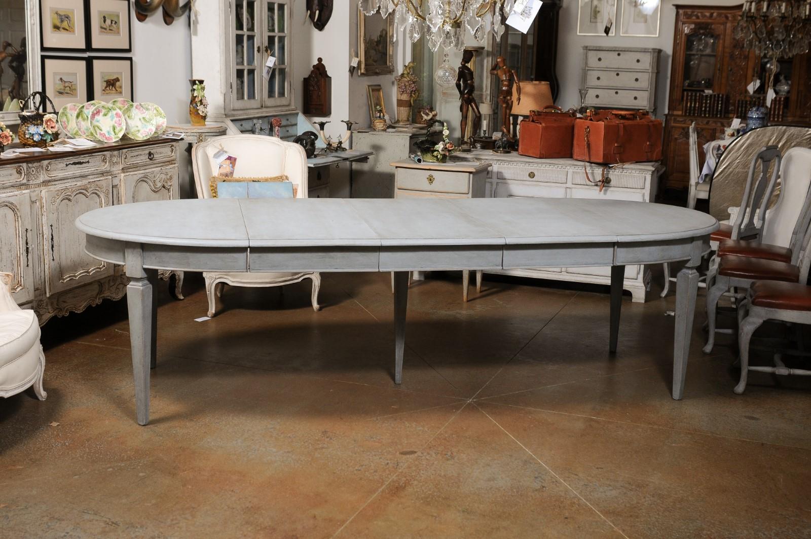 Carved Swedish Gustavian Style Dining Room Table with Custom Leaves and Tapered Legs