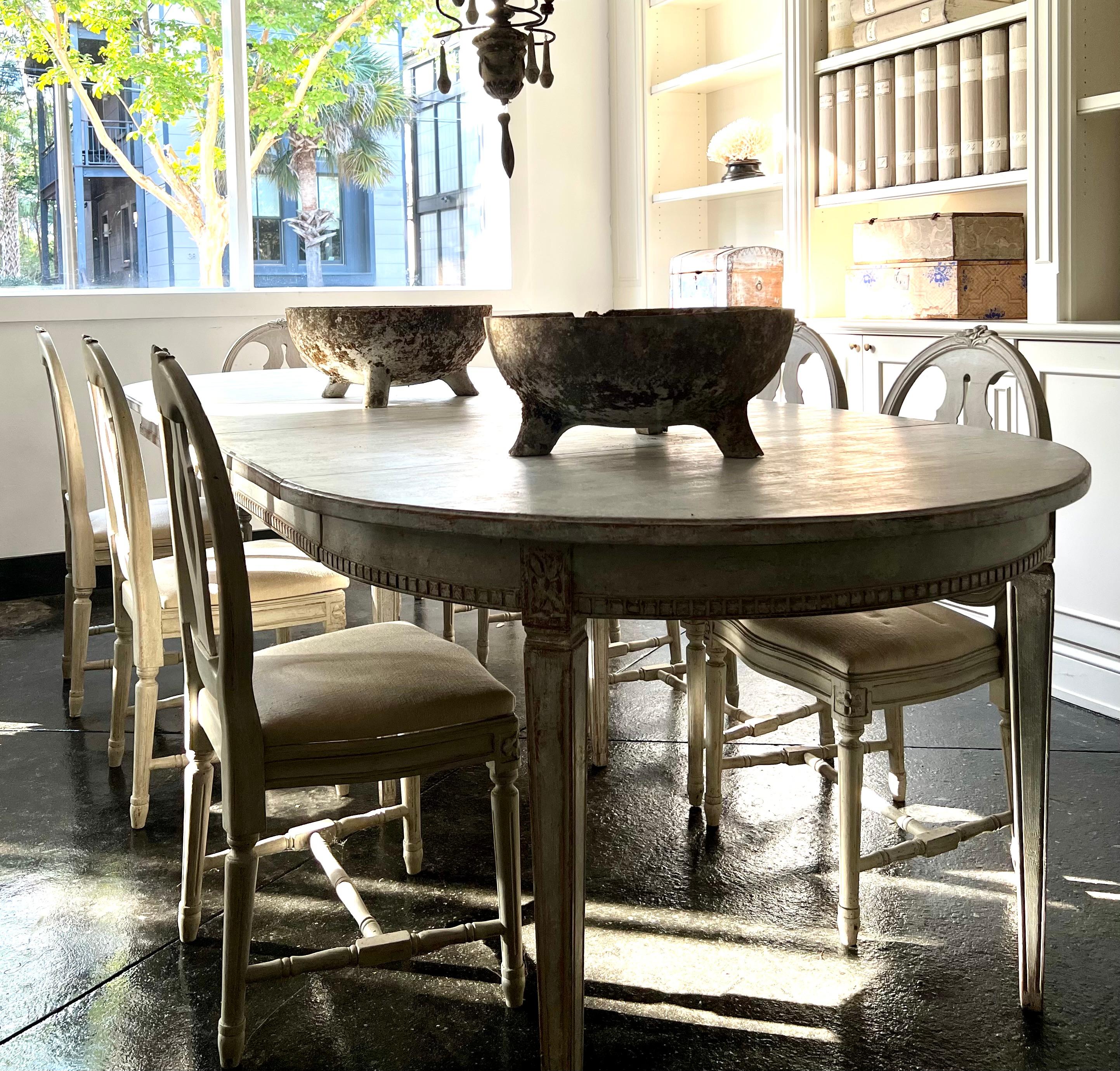 Hand-Carved Swedish Gustavian Style Extension Dining Table with Three Leaves 1850's