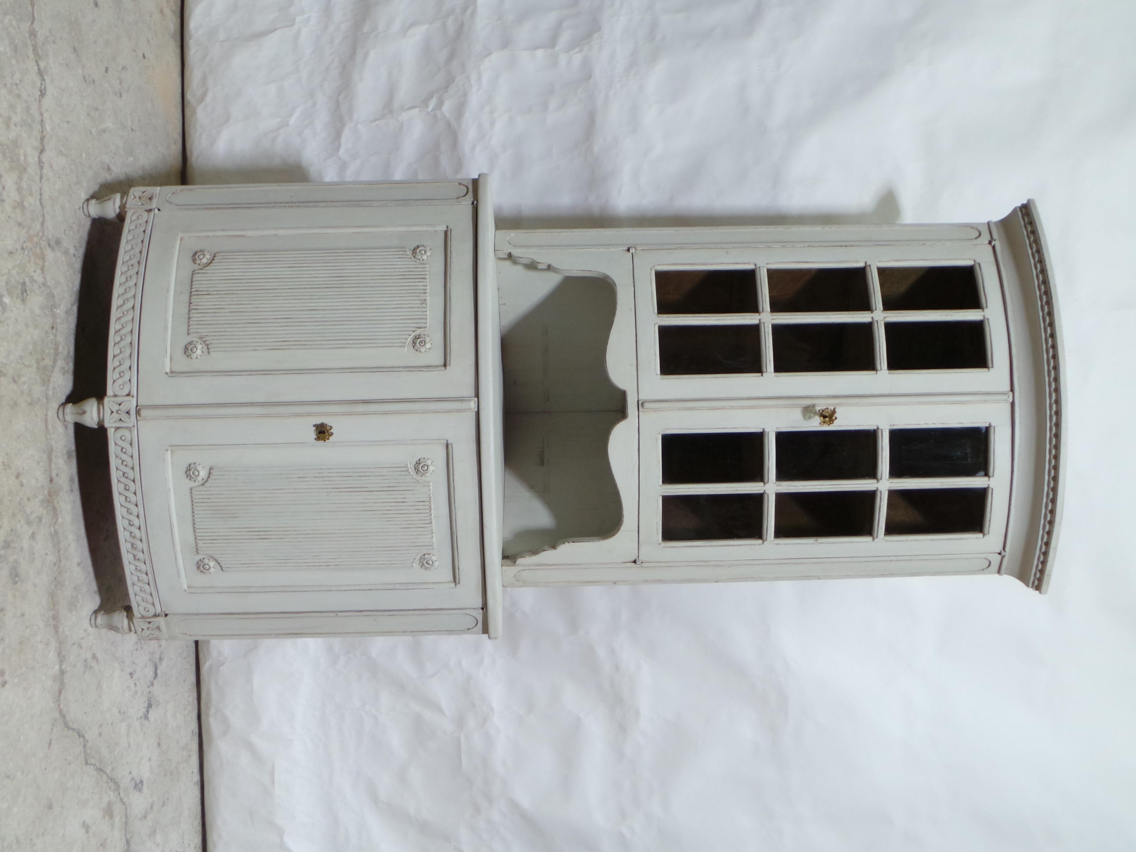 This is a Unique Swedish Gustavian Style Glass Top Corner Hutch. its been restored and repainted with Milk Paints 