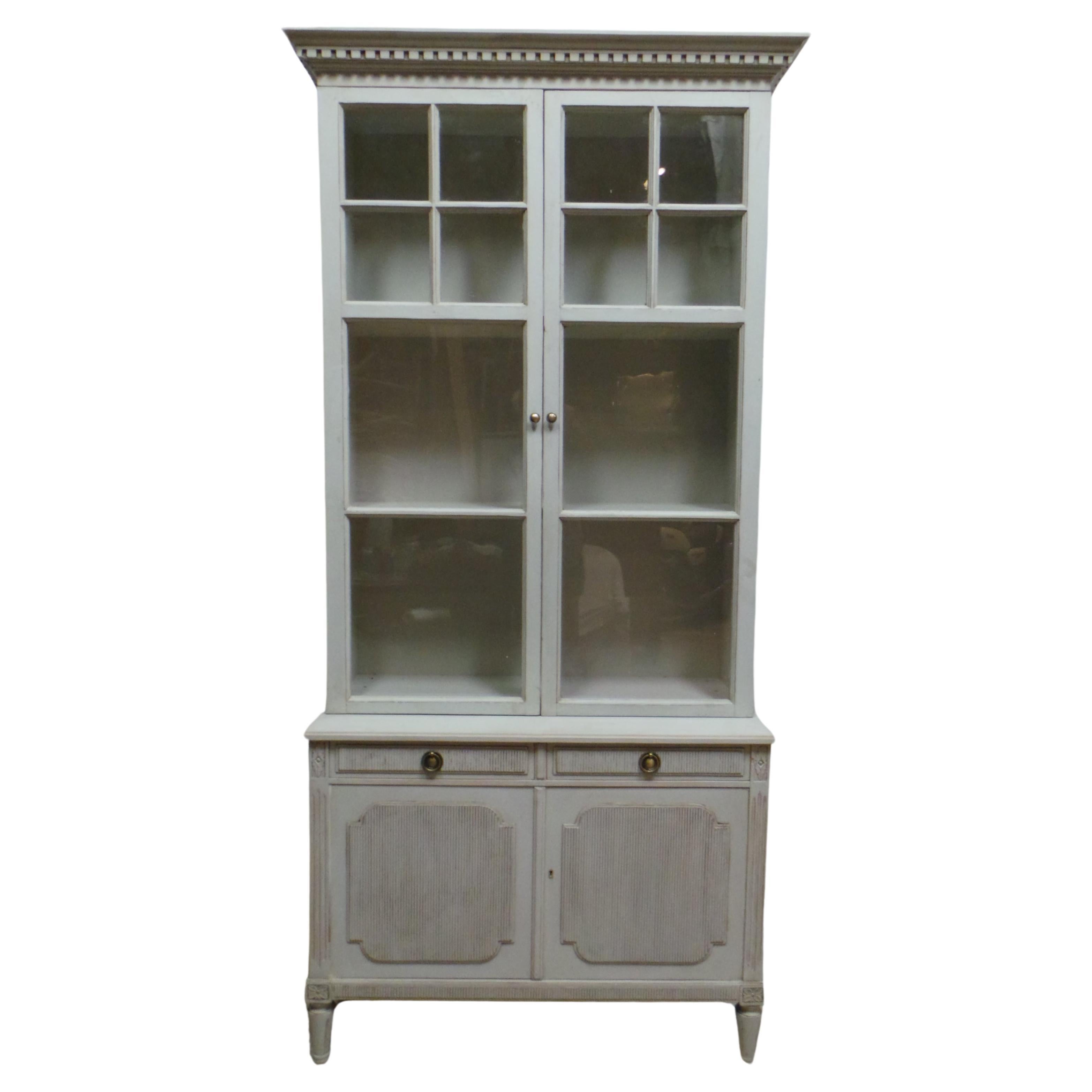 Swedish Gustavian Style Glass Top Hutch For Sale