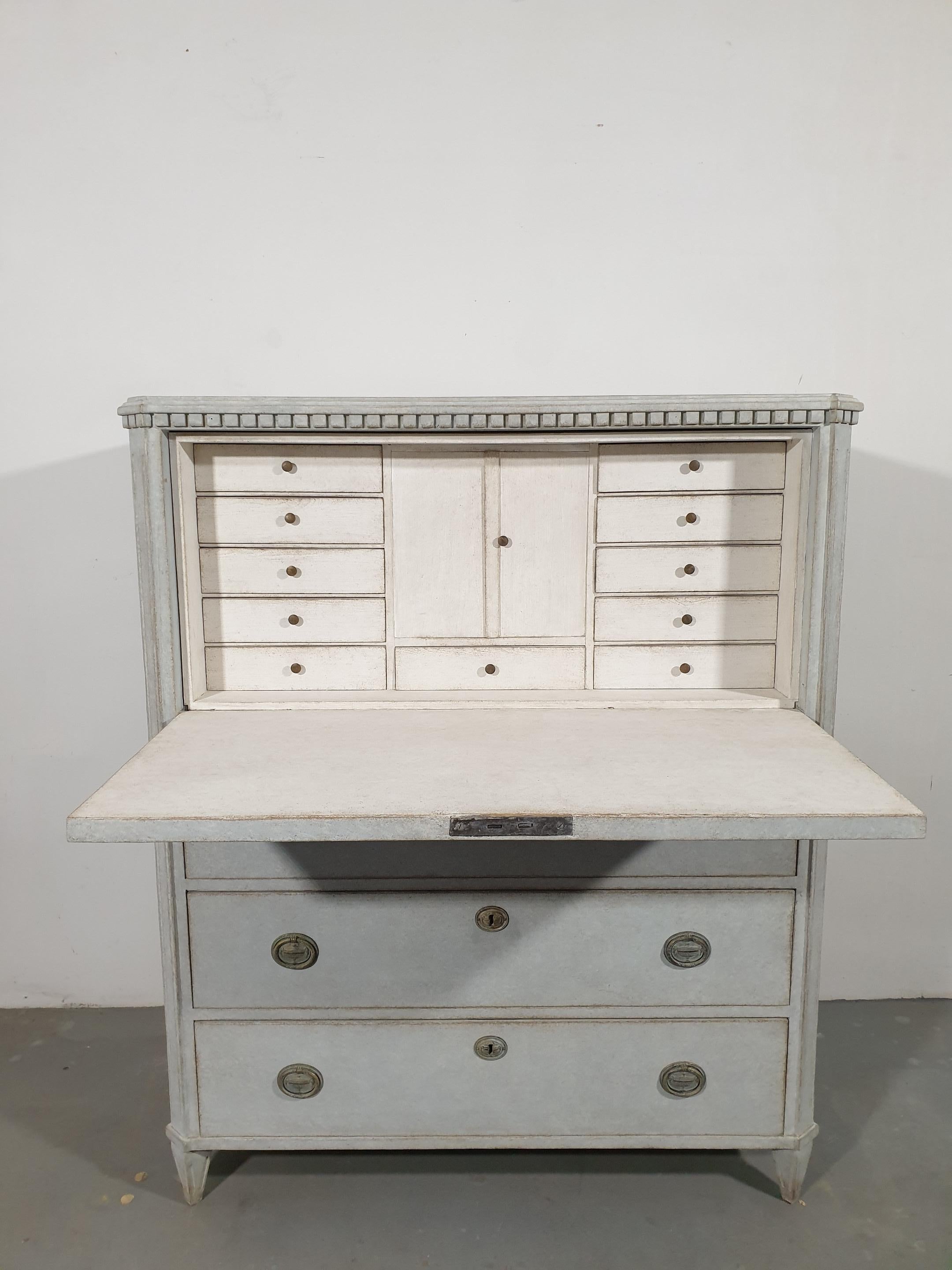 Swedish Gustavian Style Gray Painted Drop-Front Secretary with Fluted Accents 5