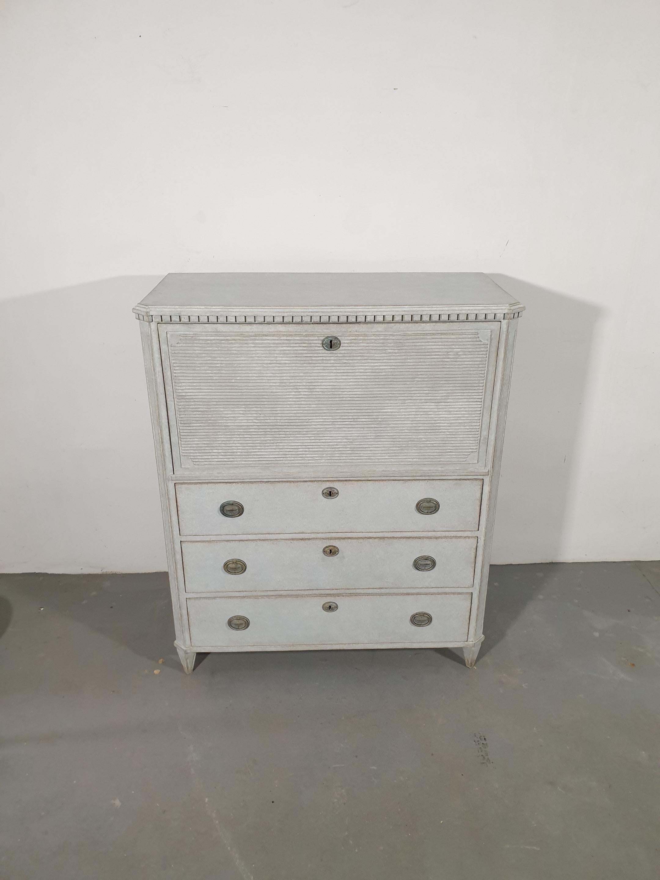 Swedish Gustavian Style Gray Painted Drop-Front Secretary with Fluted Accents 2