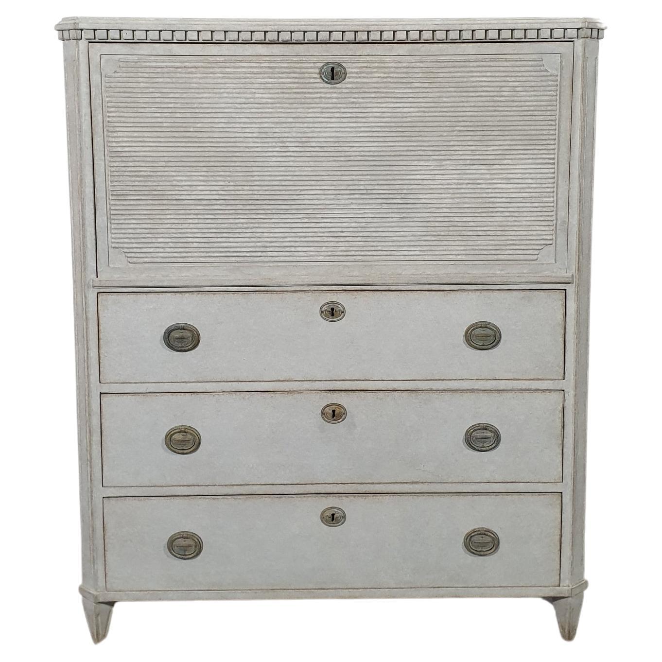 Swedish Gustavian Style Gray Painted Drop-Front Secretary with Fluted Accents