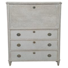 Swedish Gustavian Style Gray Painted Drop-Front Secretary with Fluted Accents