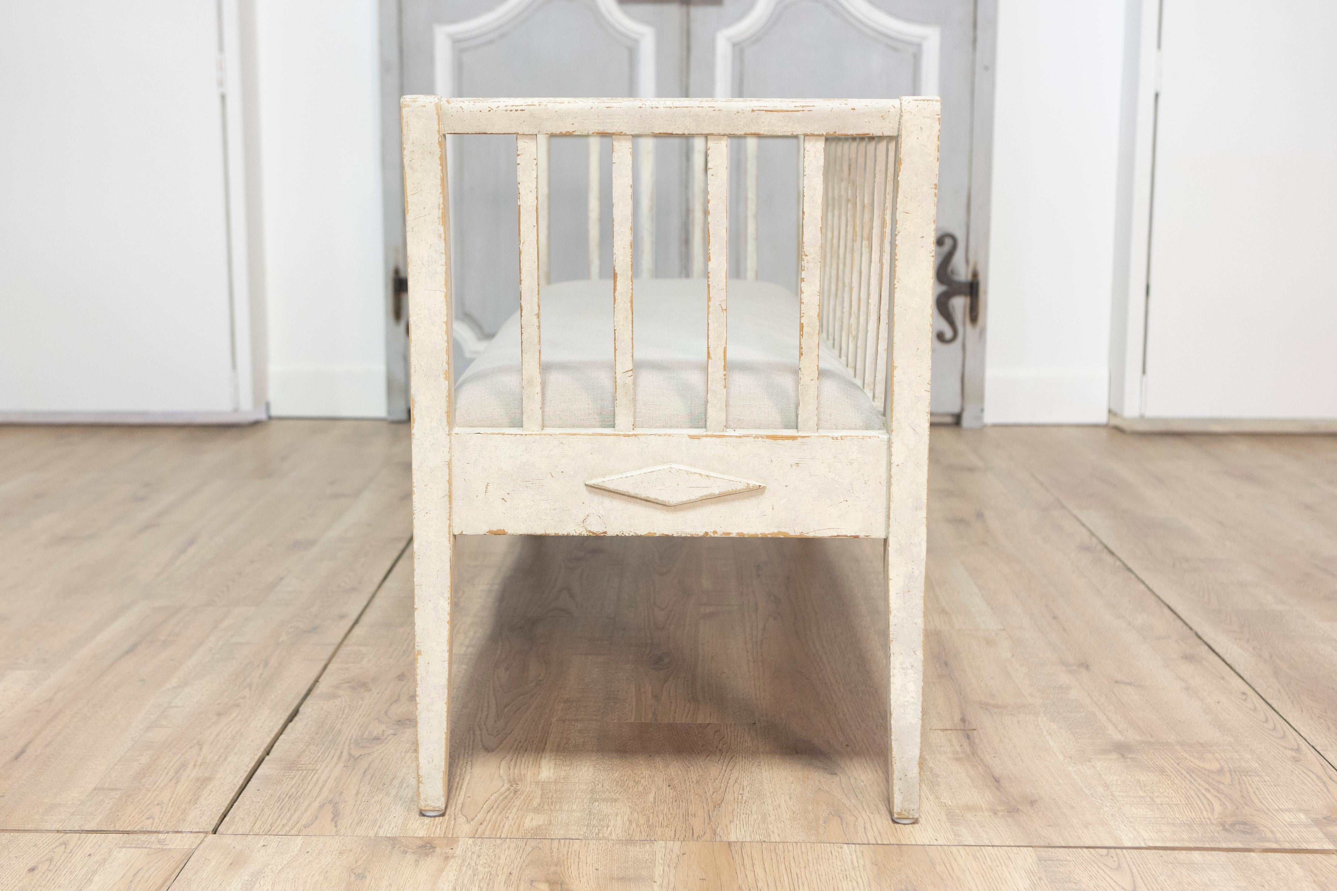 Upholstery Swedish Gustavian Style Gray Painted Sofa Bench with Raised Diamond Motifs For Sale