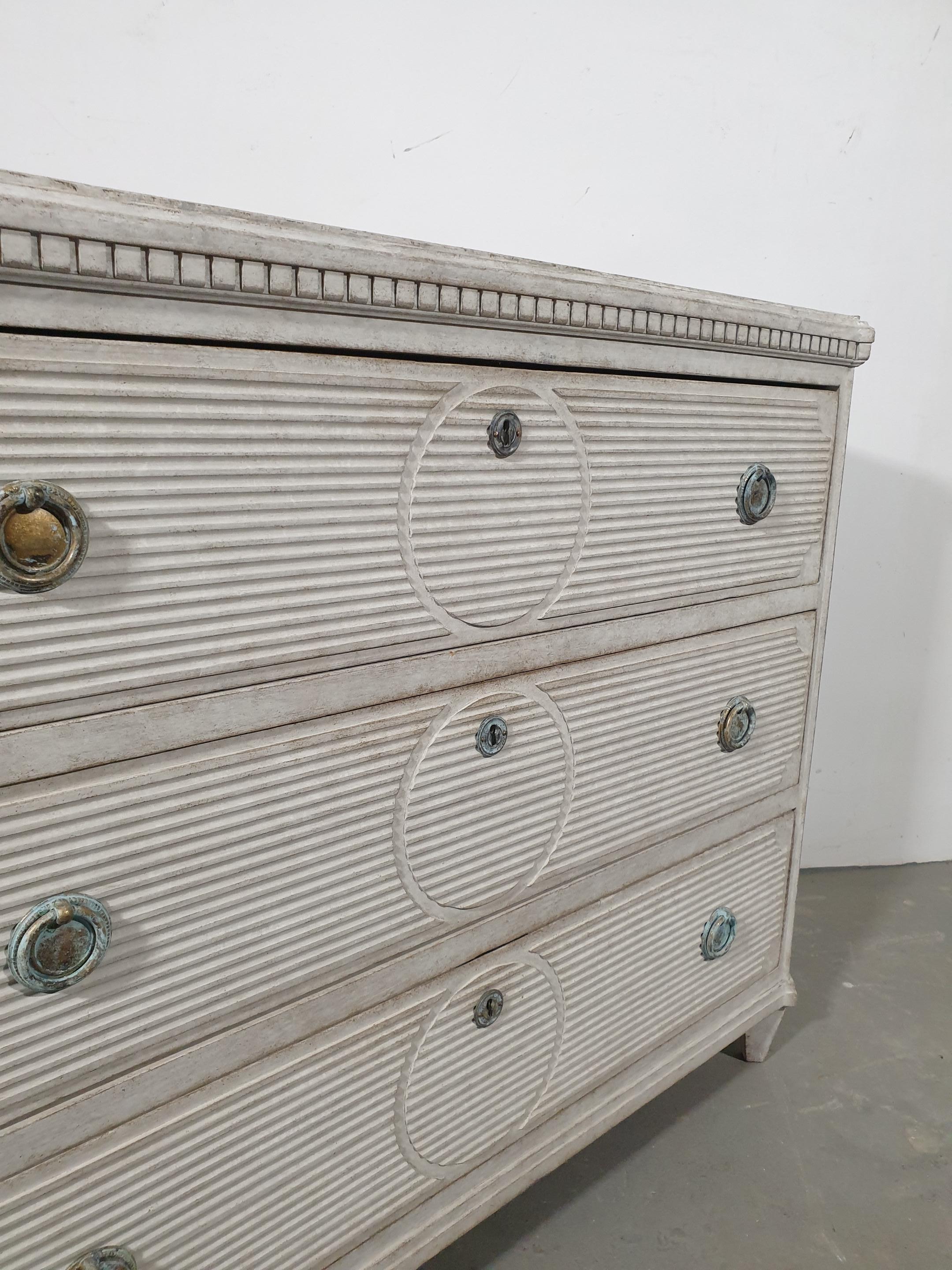 Wood Swedish Gustavian Style Gray Painted Three-Drawer Chest with Carved Panels