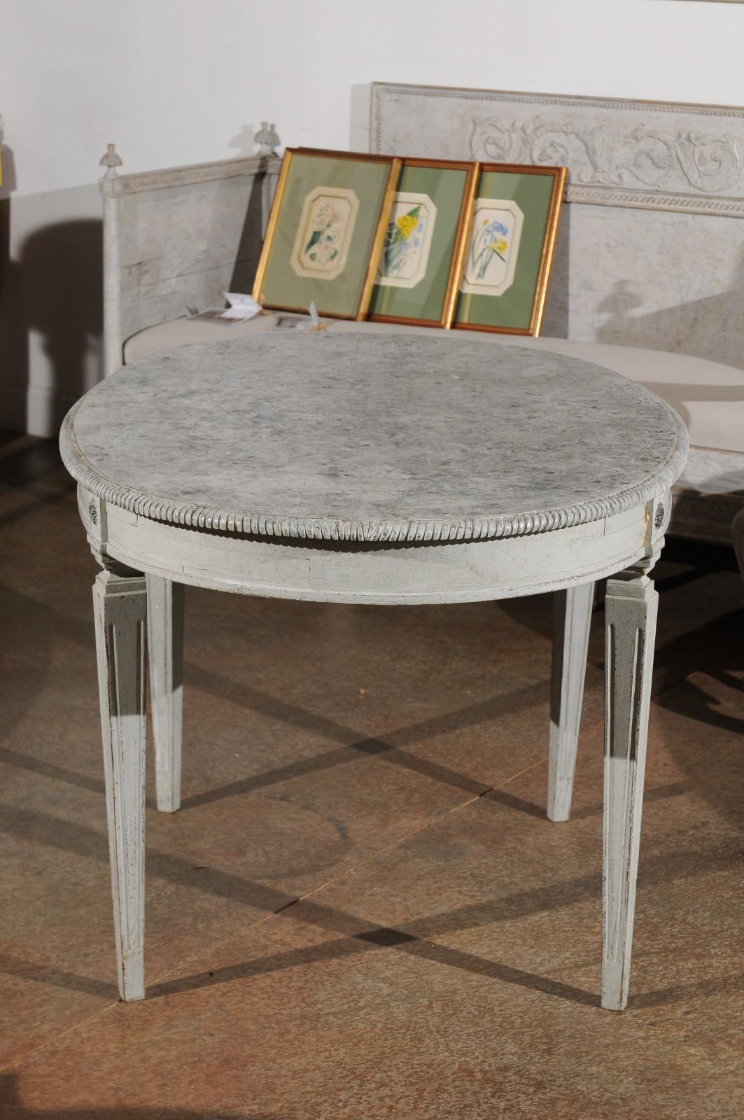 Swedish Gustavian Style Grey Painted Table with Marbleized Oval Top, circa 1880 4