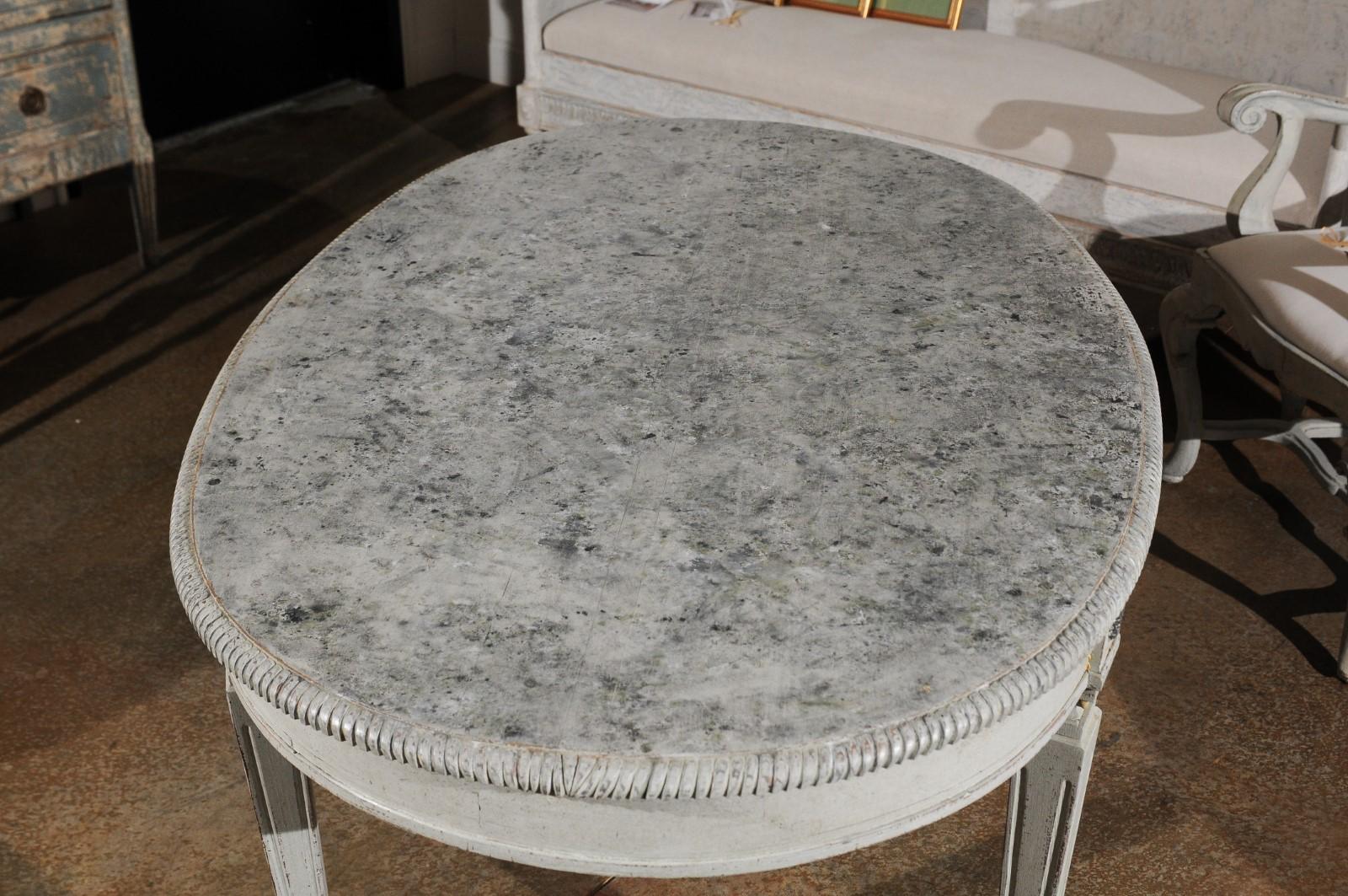 Swedish Gustavian Style Grey Painted Table with Marbleized Oval Top, circa 1880 5