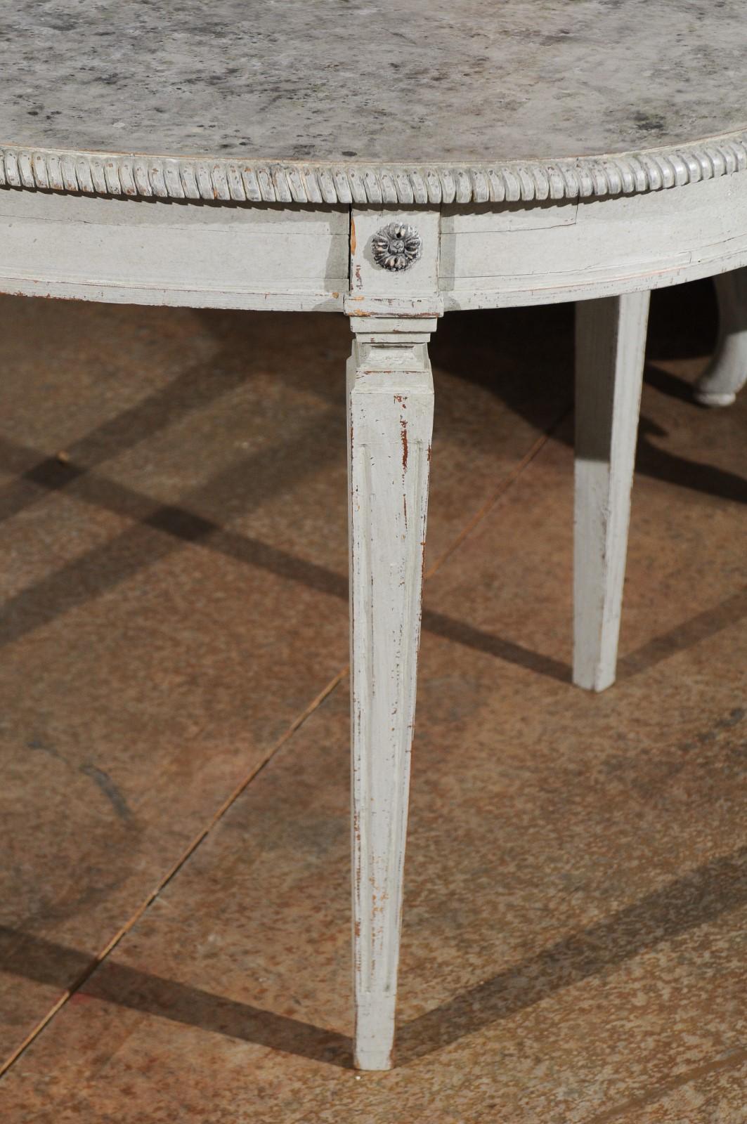 Carved Swedish Gustavian Style Grey Painted Table with Marbleized Oval Top, circa 1880