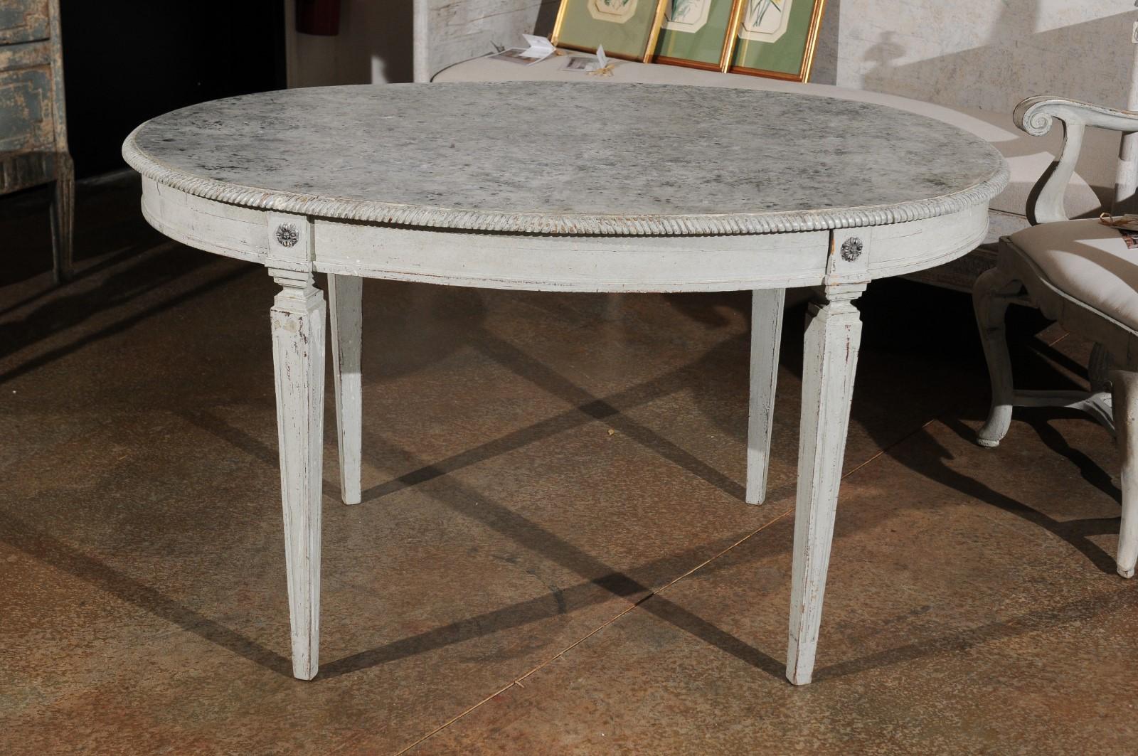 Swedish Gustavian Style Grey Painted Table with Marbleized Oval Top, circa 1880 In Good Condition In Atlanta, GA