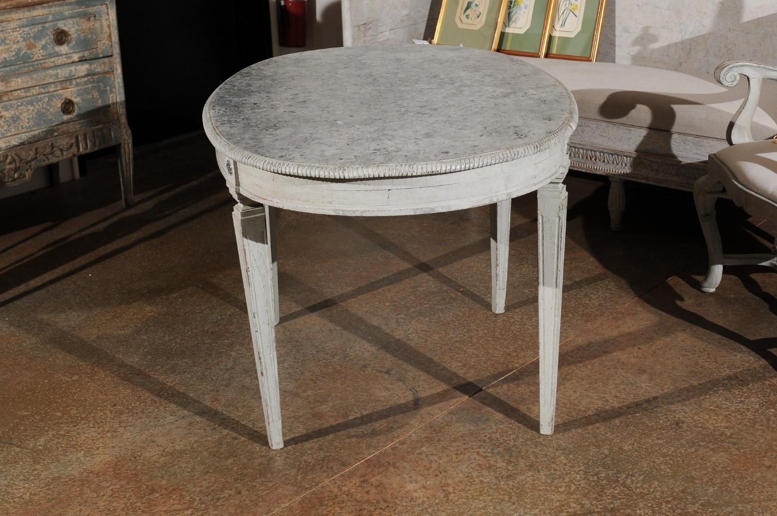19th Century Swedish Gustavian Style Grey Painted Table with Marbleized Oval Top, circa 1880