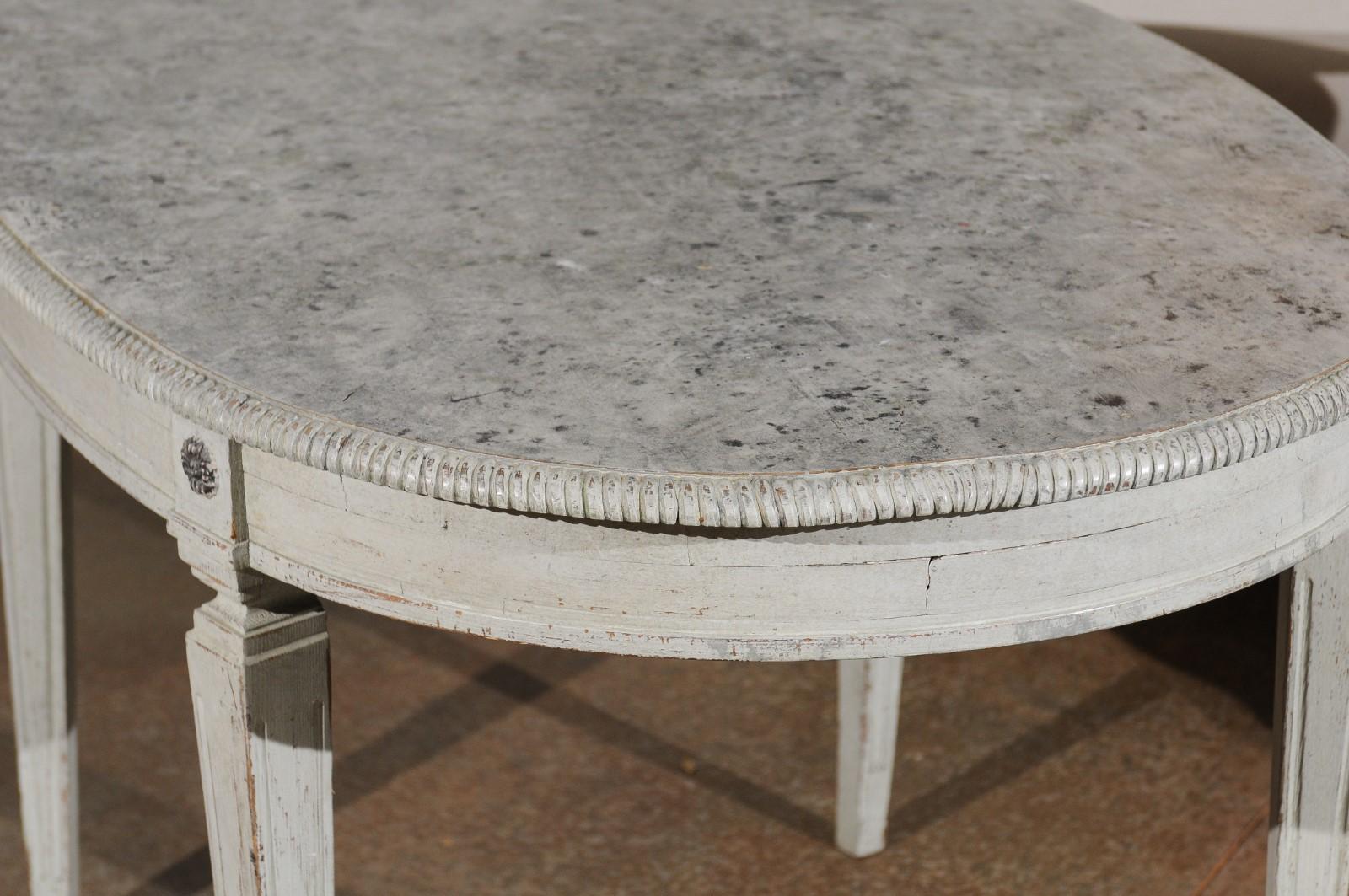Wood Swedish Gustavian Style Grey Painted Table with Marbleized Oval Top, circa 1880