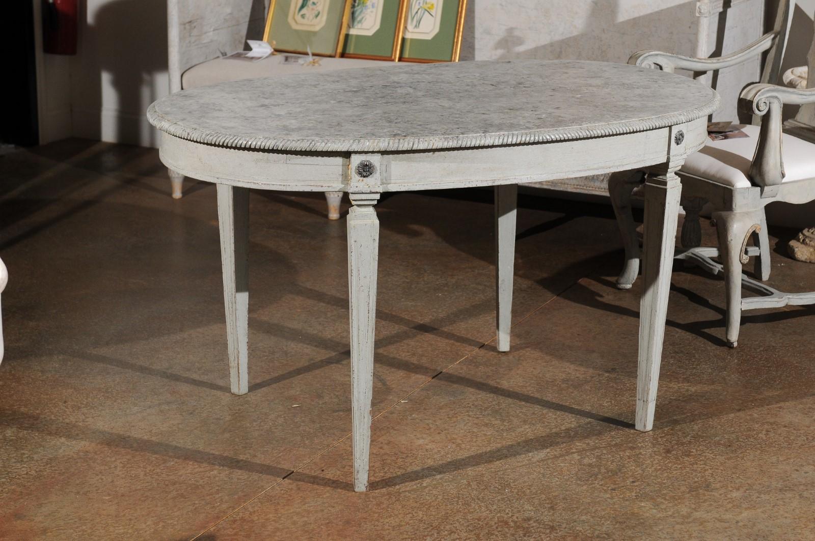 Swedish Gustavian Style Grey Painted Table with Marbleized Oval Top, circa 1880 1