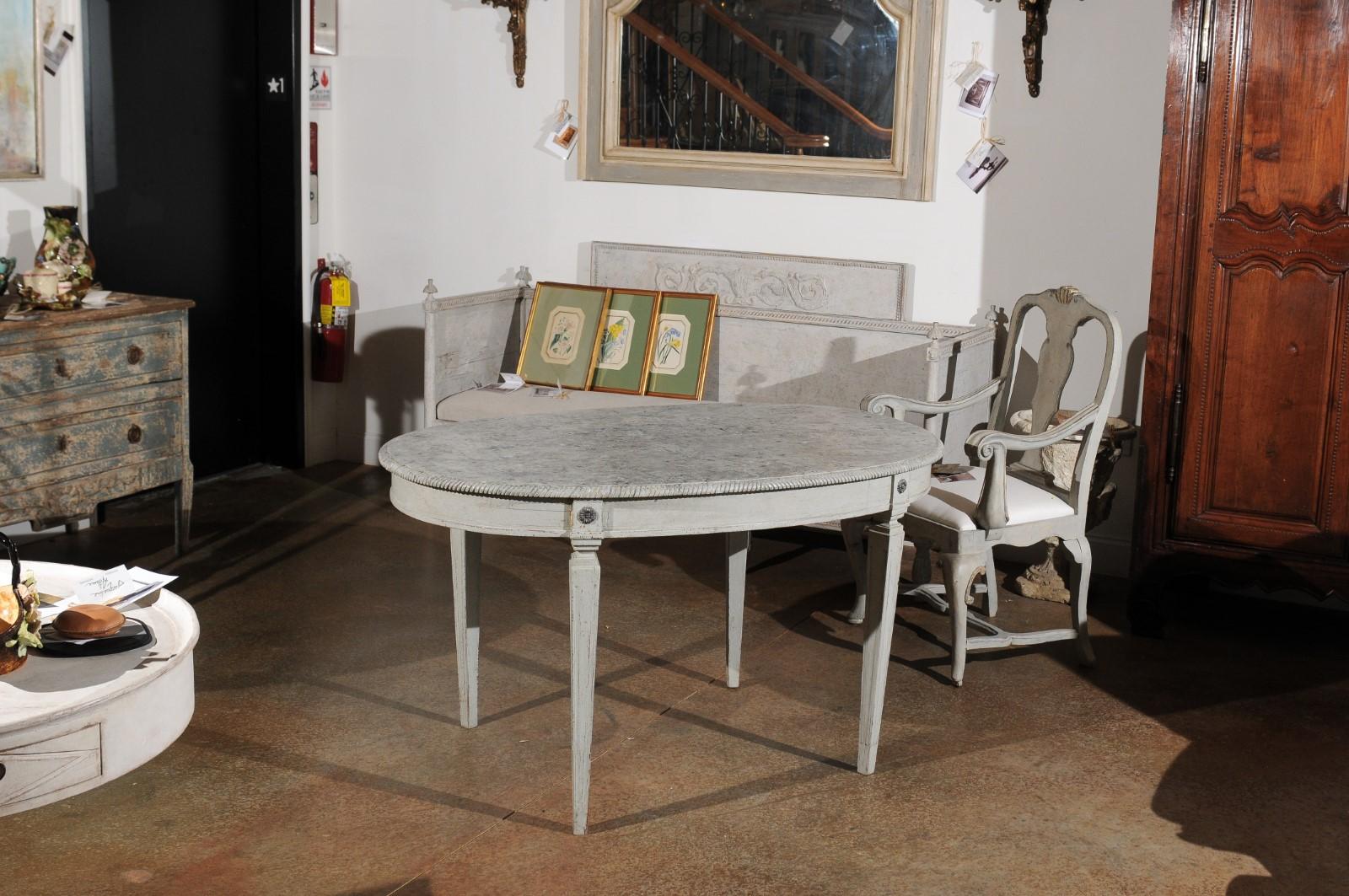 Swedish Gustavian Style Grey Painted Table with Marbleized Oval Top, circa 1880 2