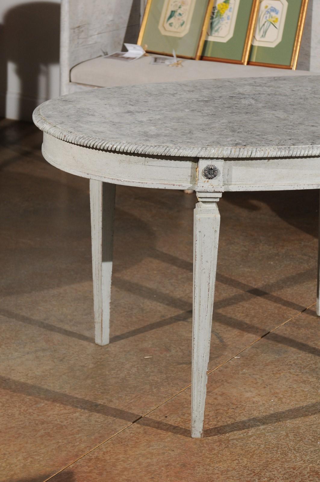 Swedish Gustavian Style Grey Painted Table with Marbleized Oval Top, circa 1880 3