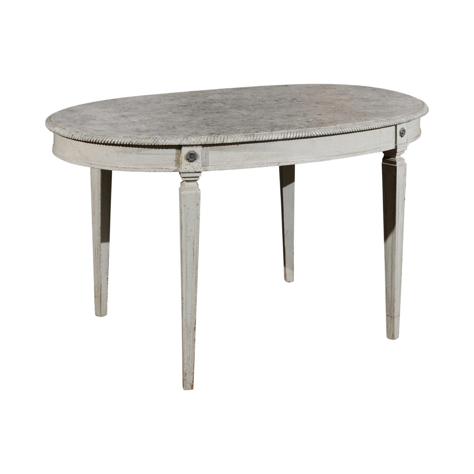 Swedish Gustavian Style Grey Painted Table with Marbleized Oval Top, circa 1880