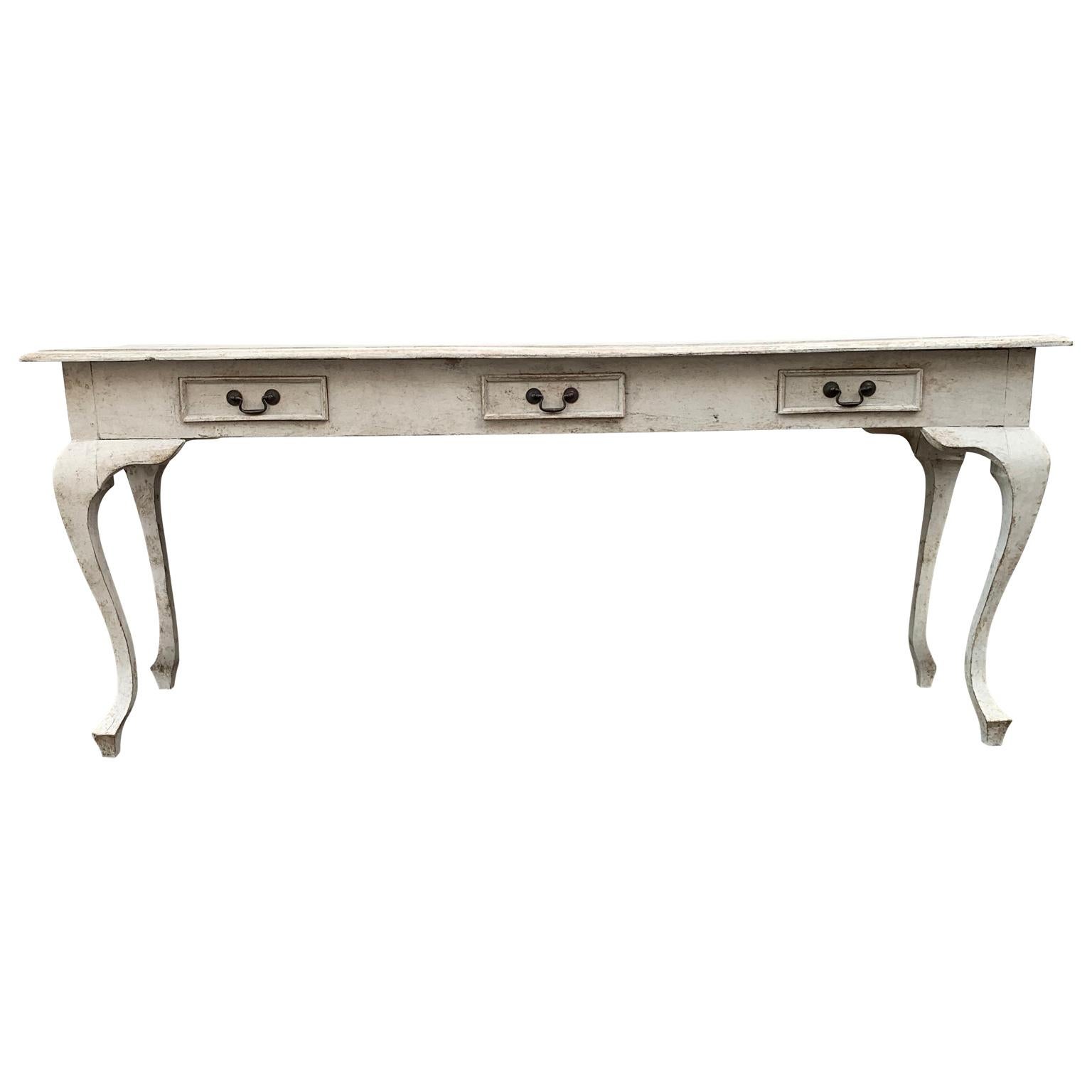 Swedish Gustavian style light grey painted console with 3 drawers.