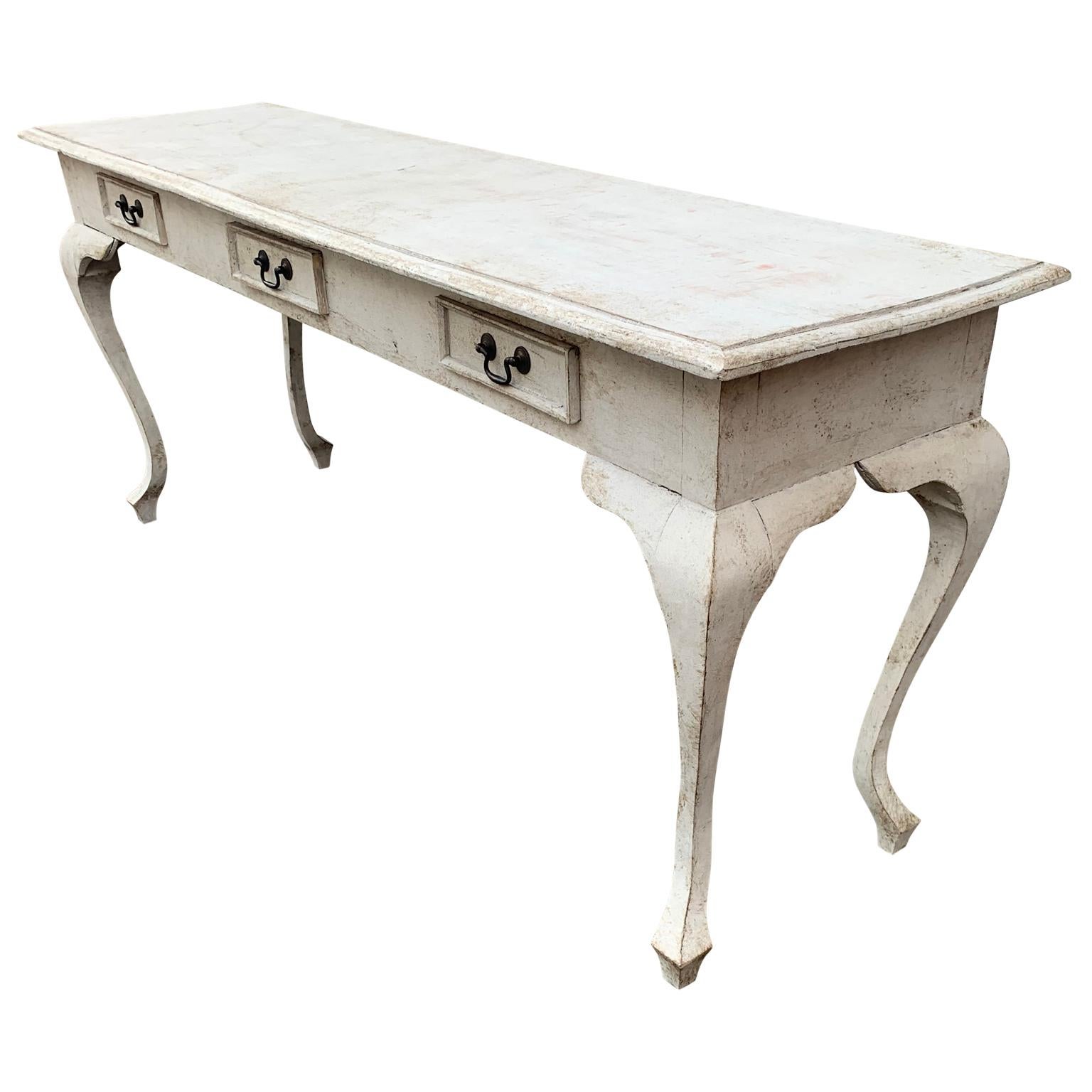 19th Century Swedish Gustavian Style Light Grey Painted Console with 3 Drawers